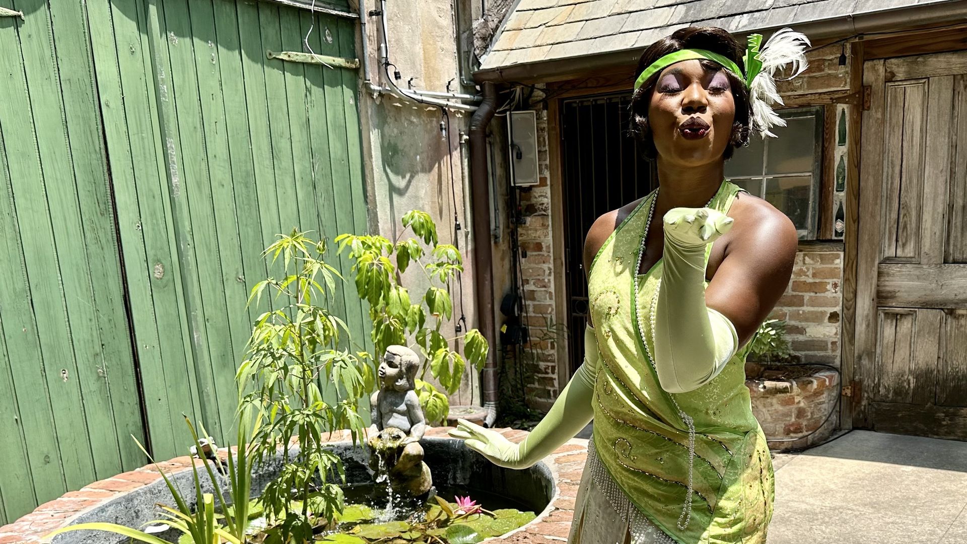 Photo shows princess Tiana at Preservation Hall in New Orleans