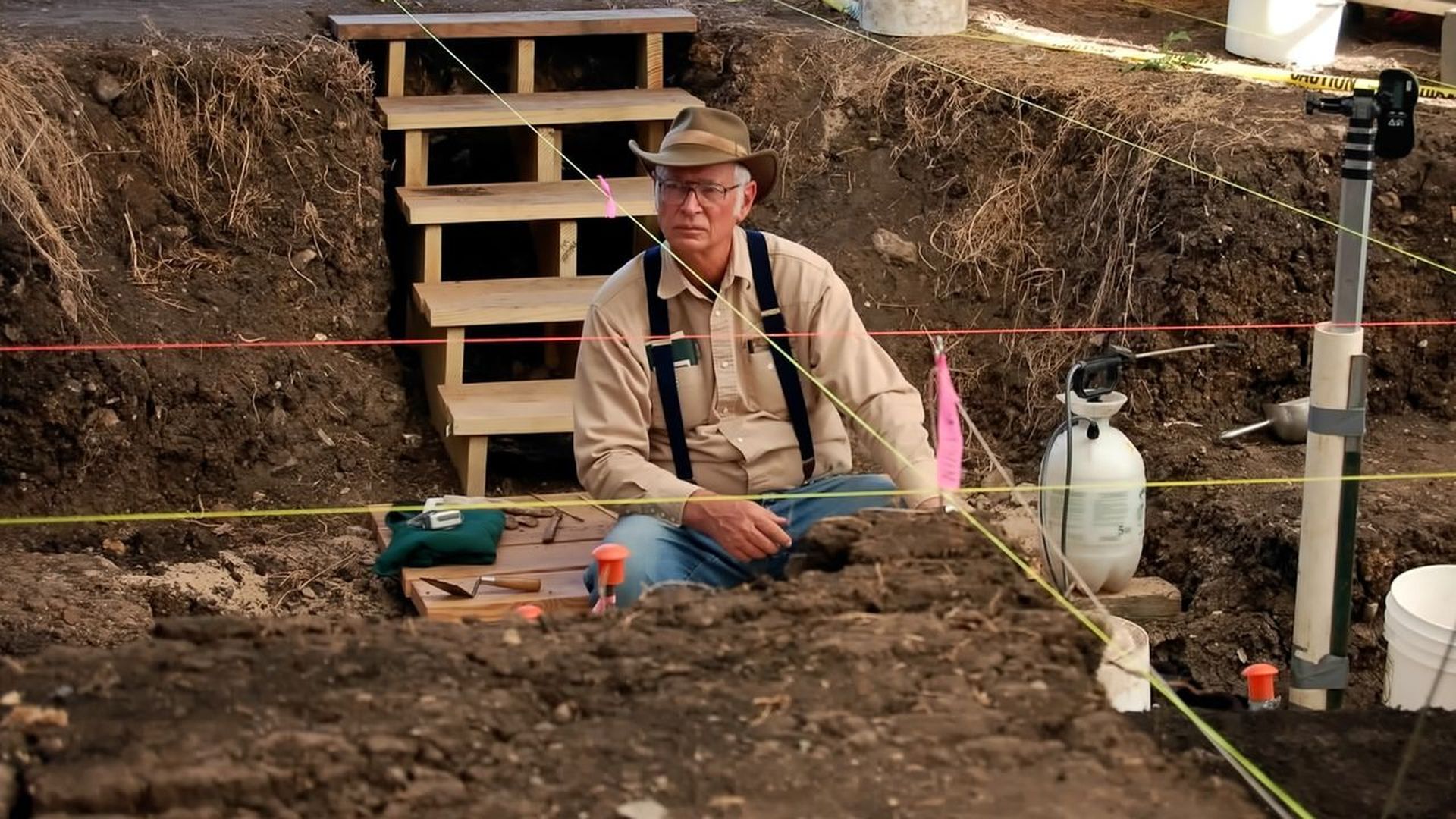 An older man wearing a tan hat and beige shirt with suspenders sits in a dirt excavation site with wooden stairs and excavation tools around him.