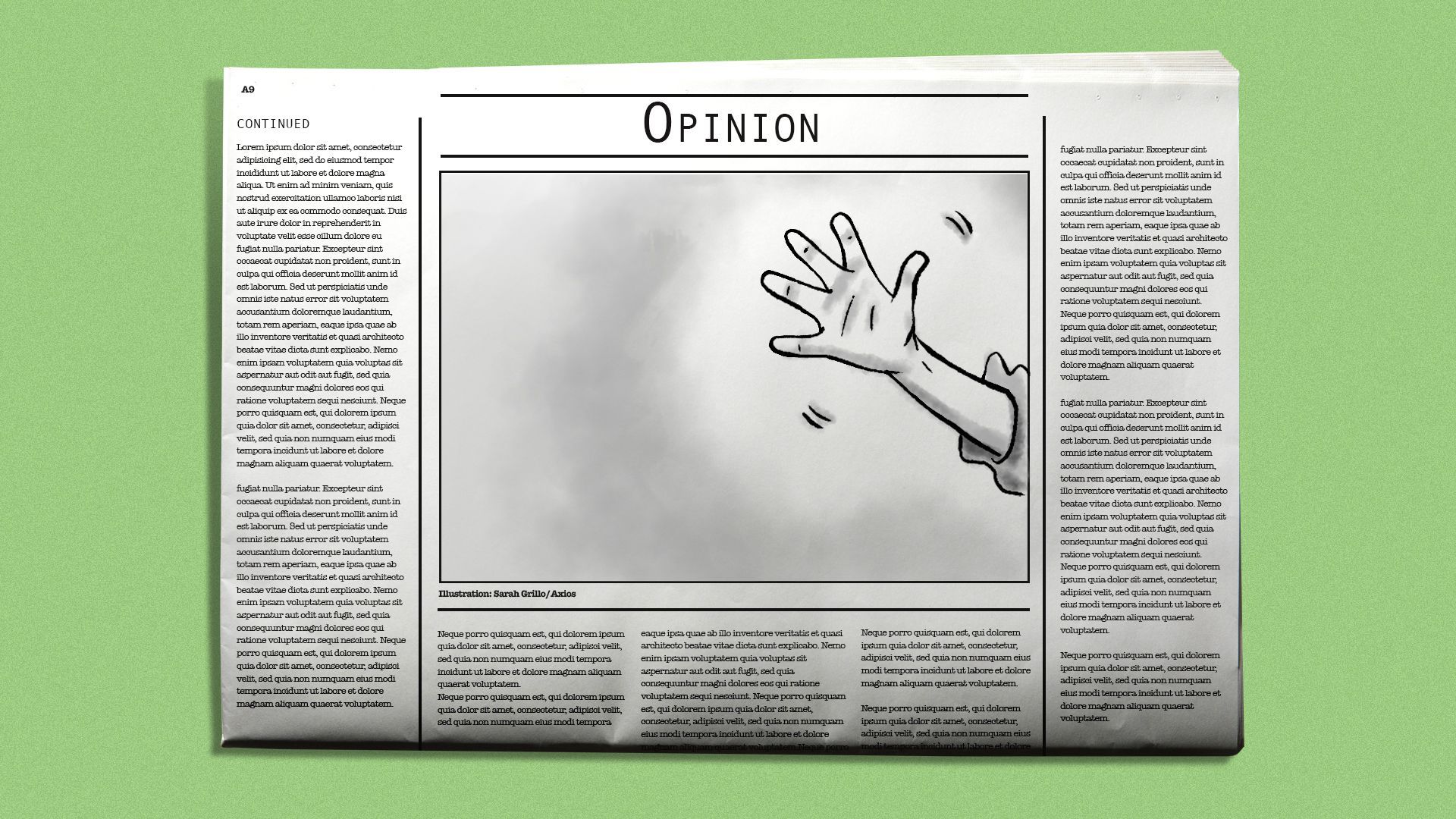 Illustration of a cartoon hand waving goodbye on the opinion section of a newspaper