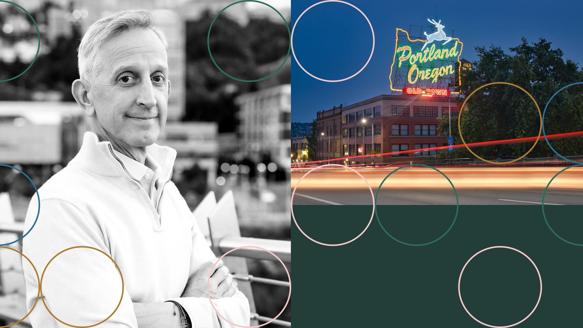 Photo illustration of Keith Wilson surrounded by abstract shapes and the Portland, Oregon sign.