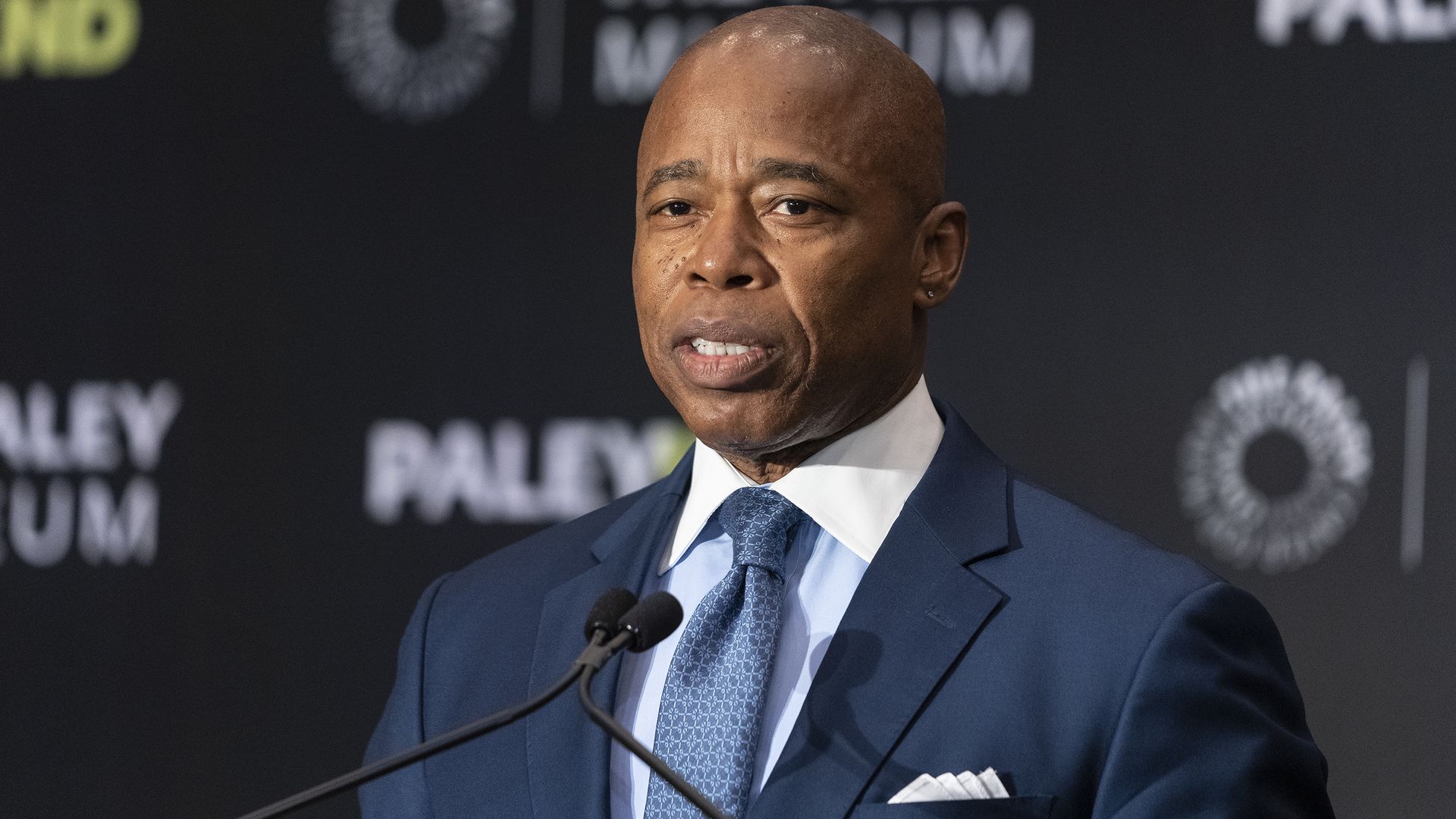 Mayor Eric Adams delivers remarks during a joint announcement.