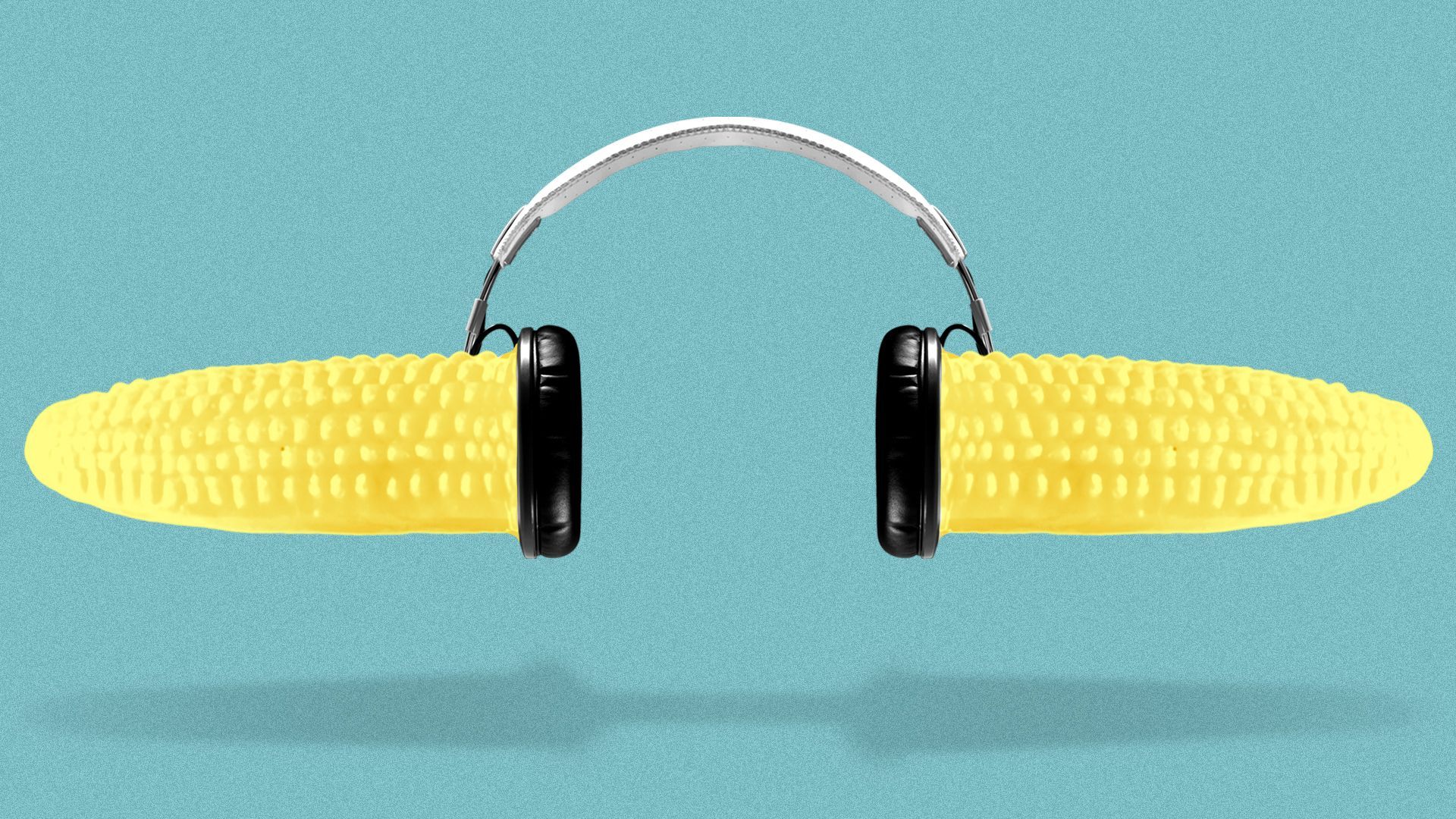 Illustration of a pair of headphones with plastic corn cob holders sticking out of them.