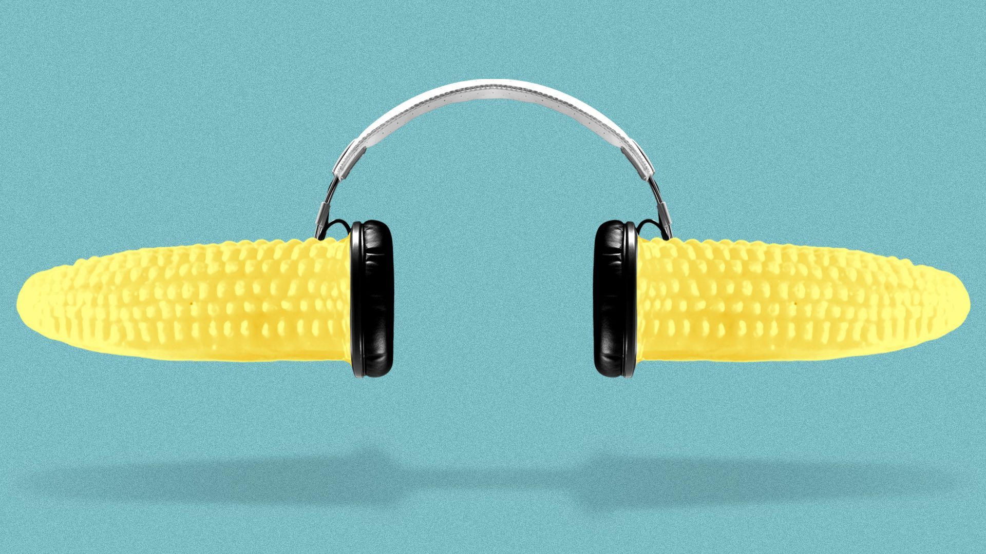 Illustration of a pair of headphones with plastic corn cob holders sticking out of them.
