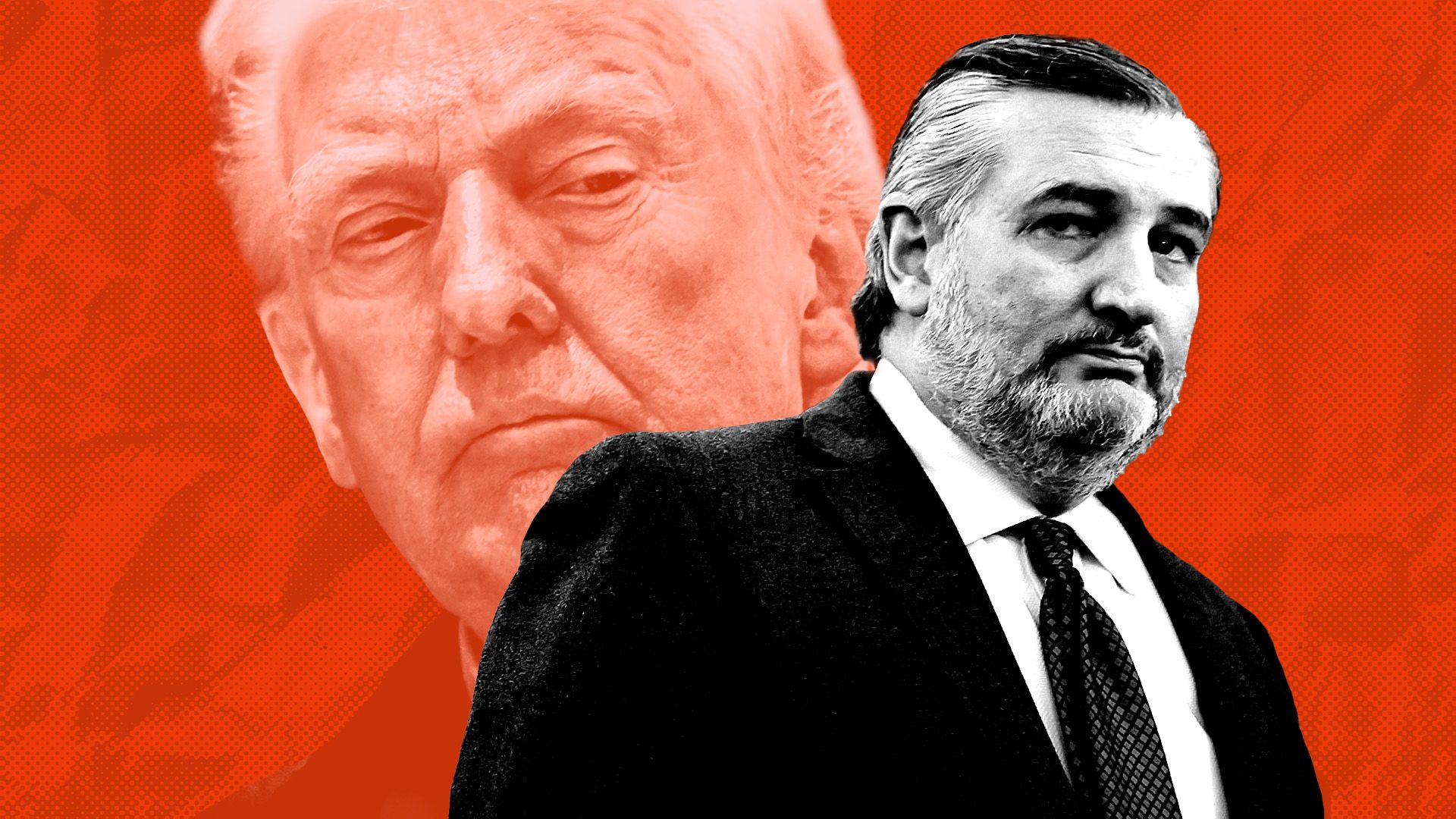 Photo illustration of President Trump peering over the shoulder of Senator Ted Crus