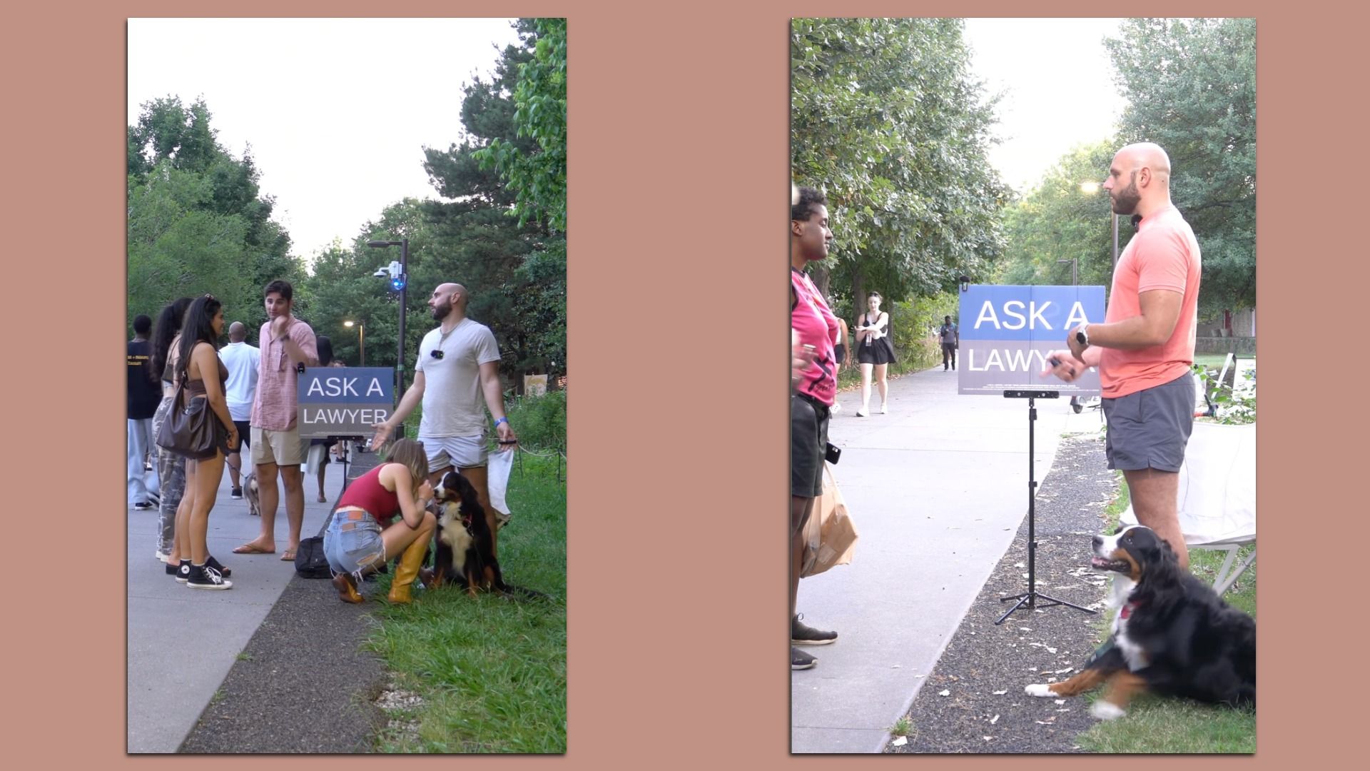 Two photos show people outdoors in casual summer clothes near a sign reading "ASK A LAWYER." A man with a dog speaks to different individuals on a paved path with trees.