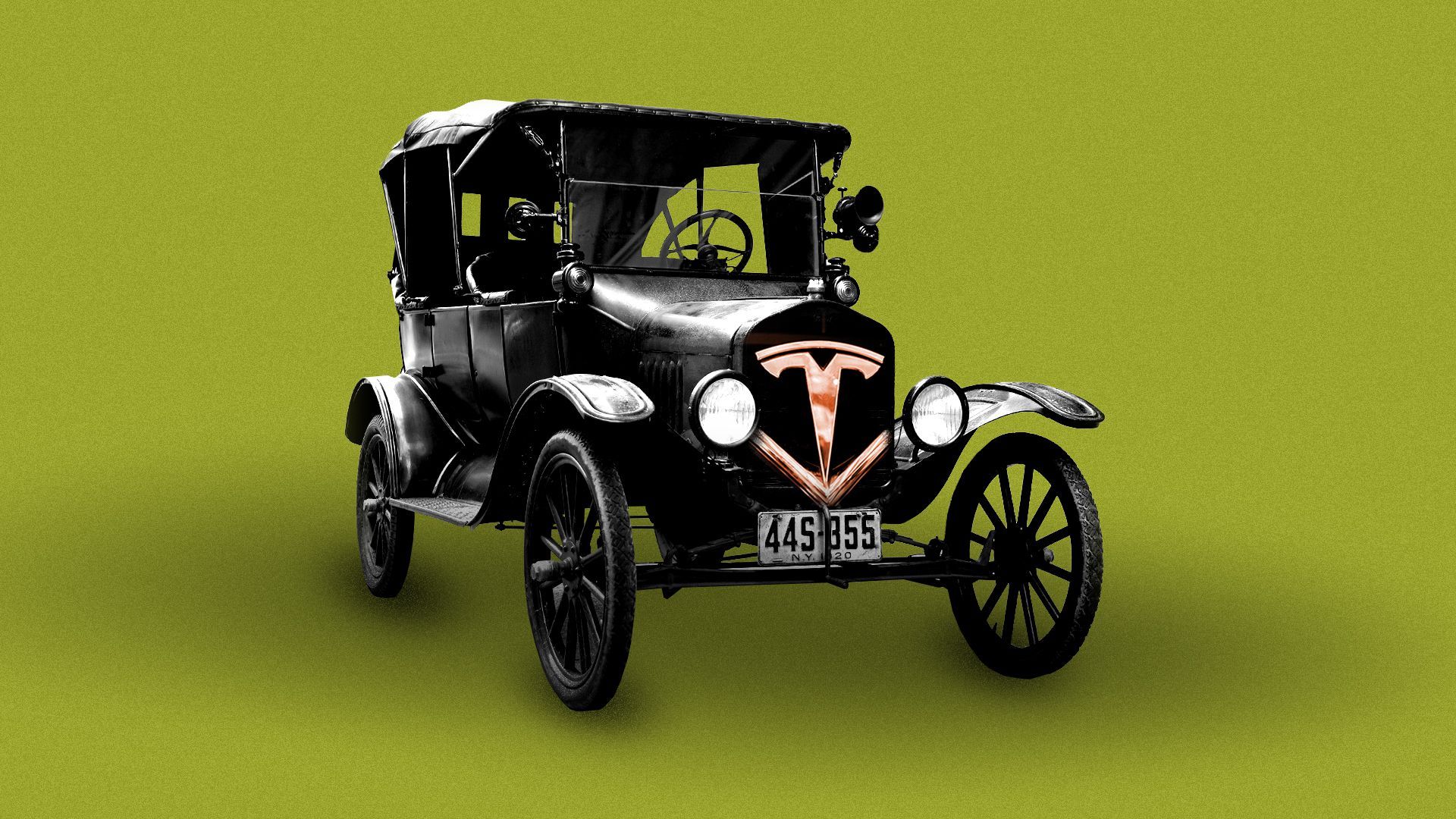 Illustration of a 1920 Ford Model T with a Tesla logo on the front grill.