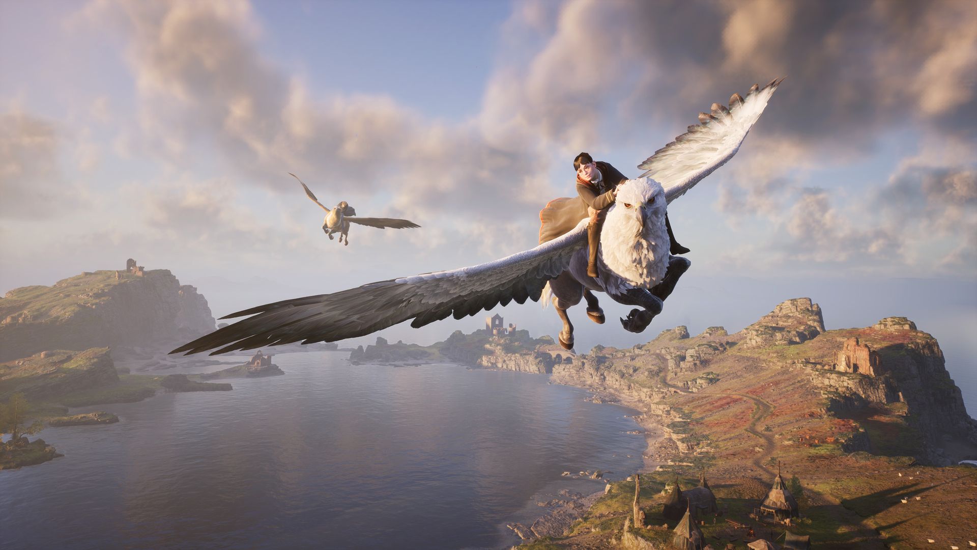 Video game screenshot of a young wizard riding on a flying horse-bird as it flies over a river