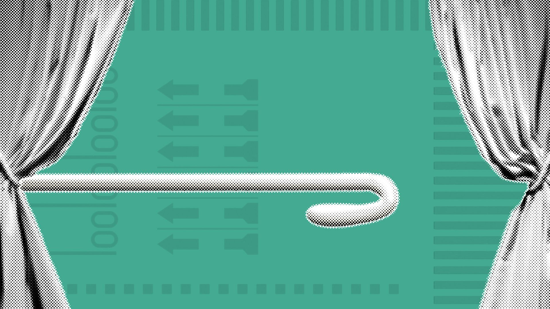 Illustration of a vaudeville-style hook coming out from behind a theater curtain, over a background with elements of ballots.