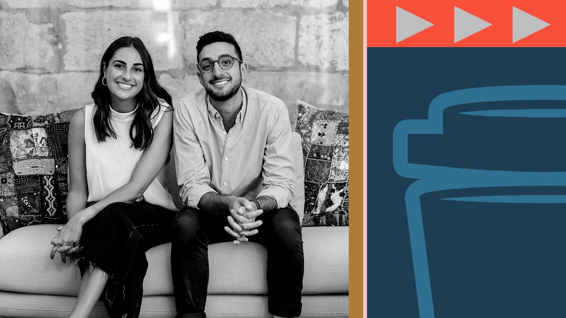 Photo illustration of the co-founders of the Daily Aus Zara Seidler and Sam Koslowski, with various shapes including the logo of the outlet