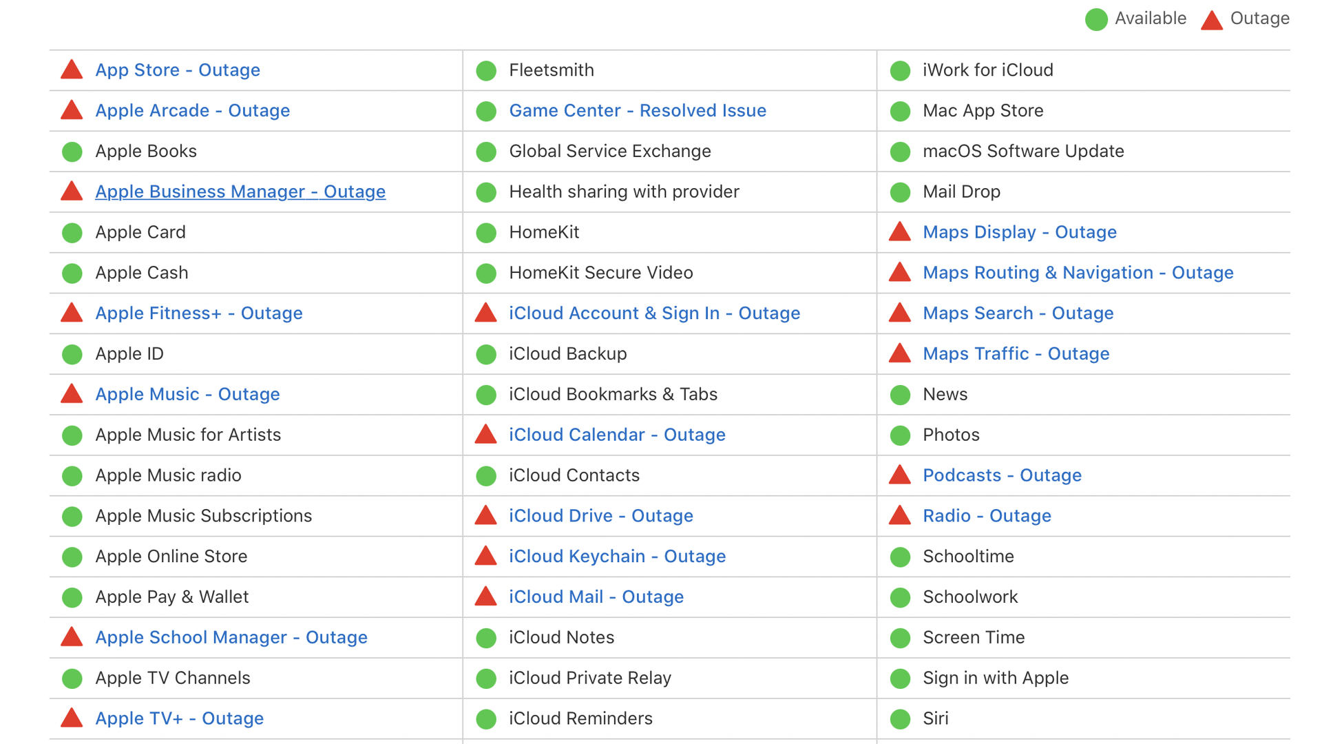A screenshot of Apple's services dashboard showing a number of outages
