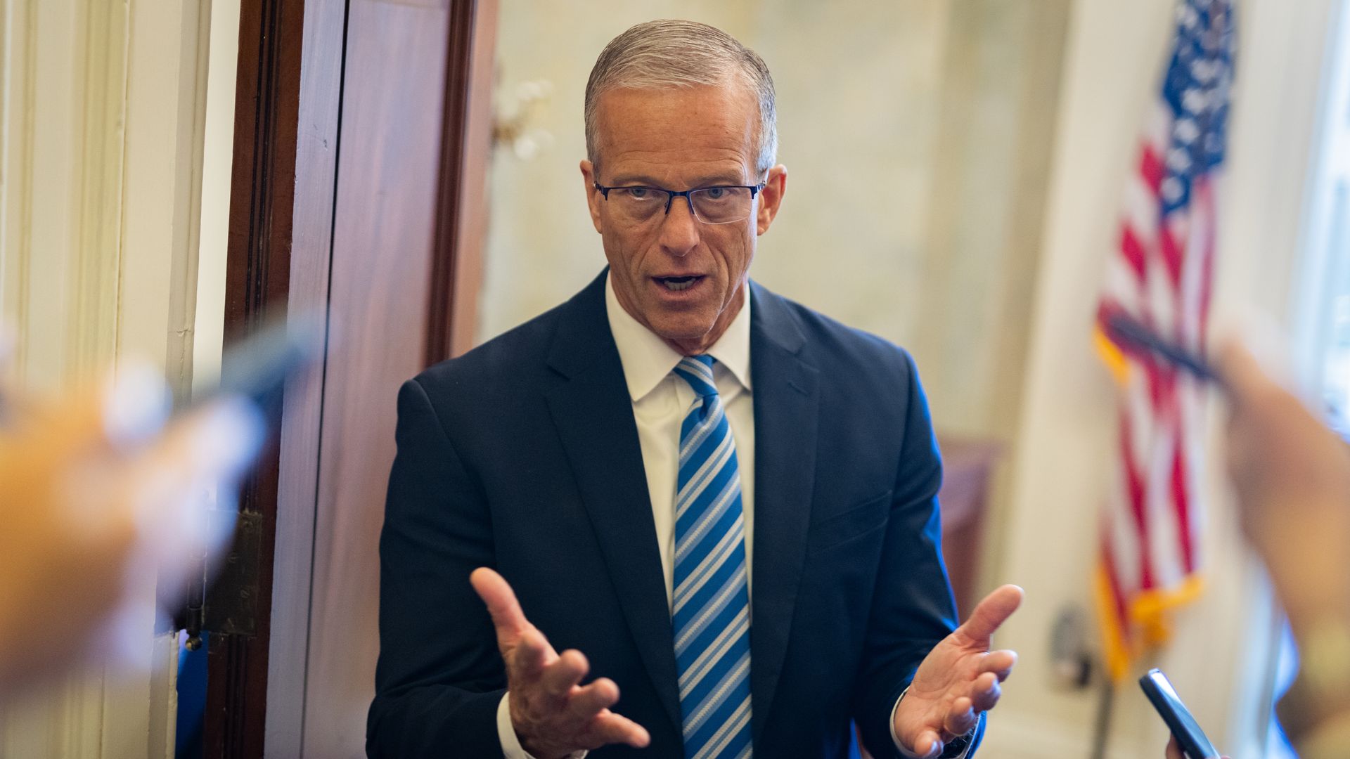 Senate Majority Leader John Thune (R-SD) talks with reporters at the U.S. Capitol