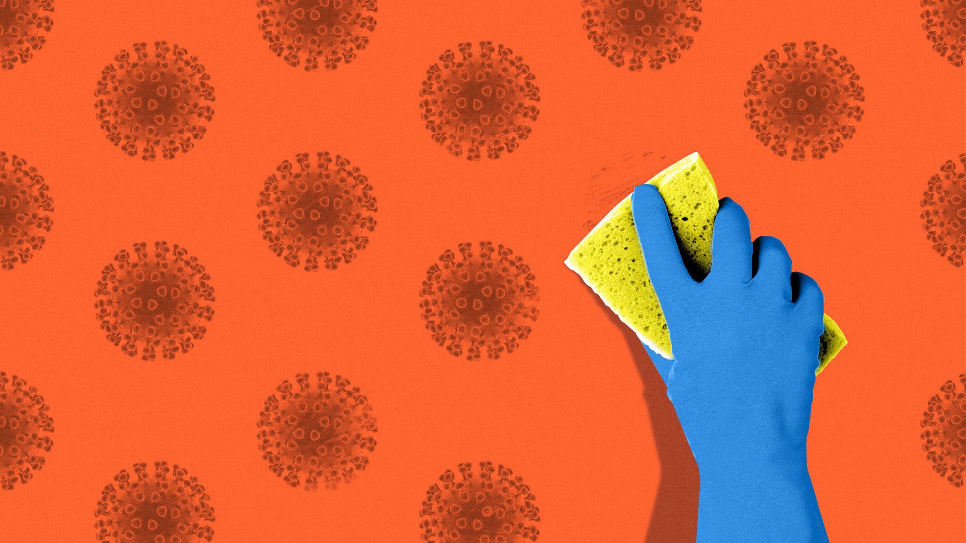 Illustration of gloved hand holding a sponge cleaning away viruses