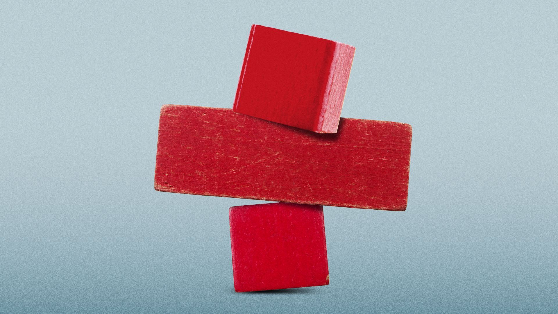 Illustration of a red cross made from childrens' blocks toppling over. 