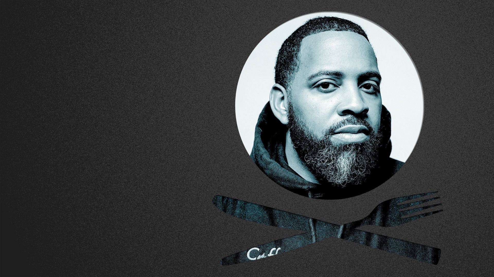 Photo illustration of a place setting shaped like a skull and crossbones containing a photo of Ian Williams.