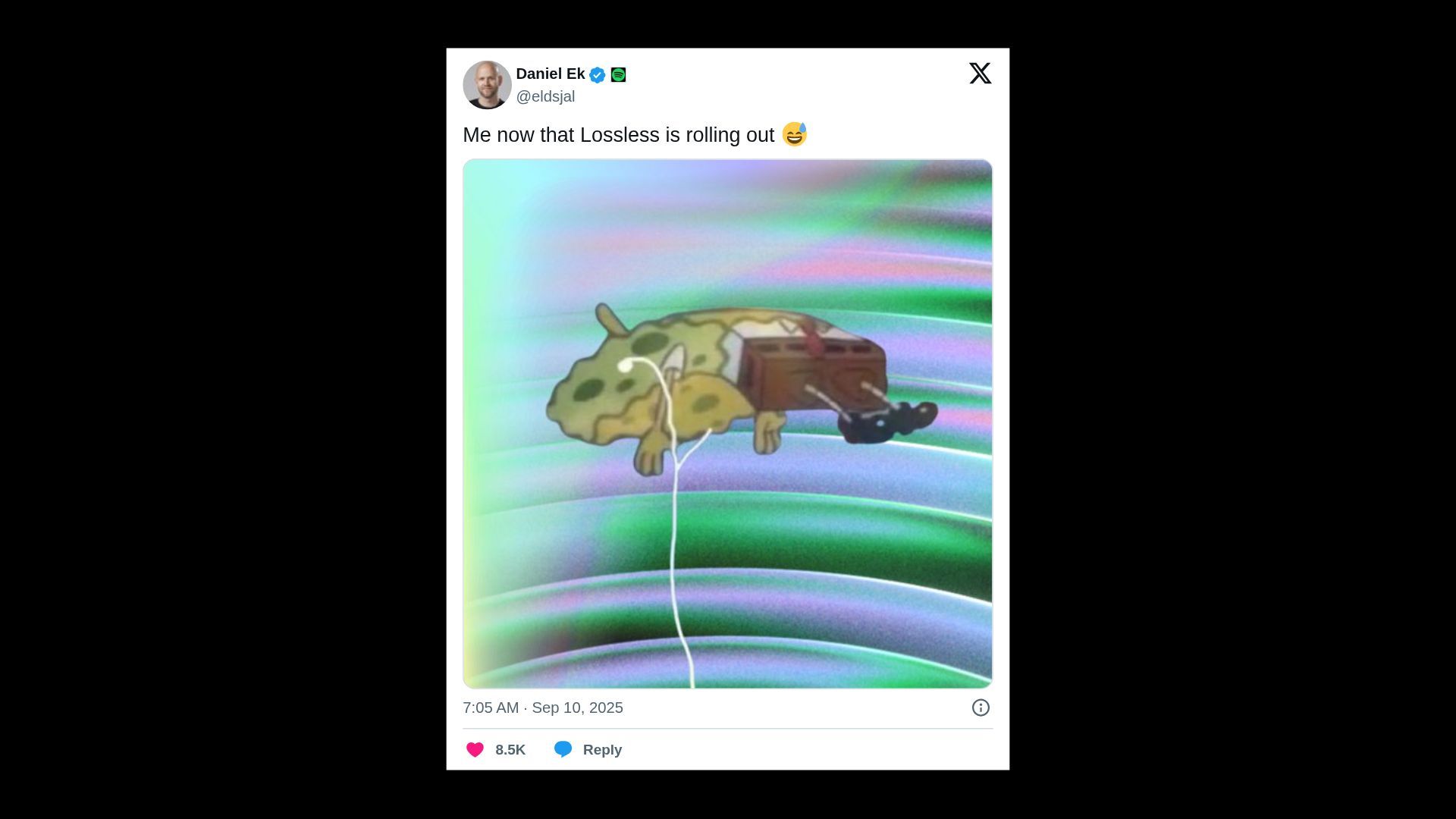 Screenshot of tweet by Spotify CEO Daniel Ek about lossless roll out