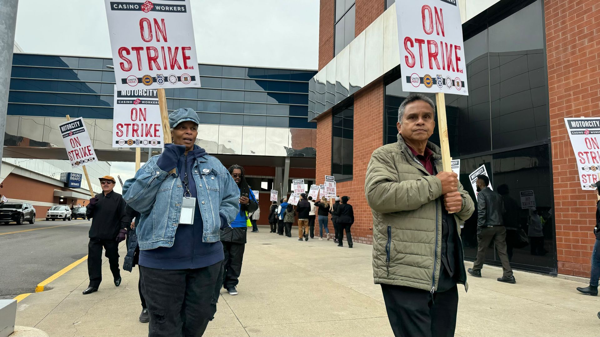 Casino workers outside Motor City Casino strike for higher wages, job protections and benefits.