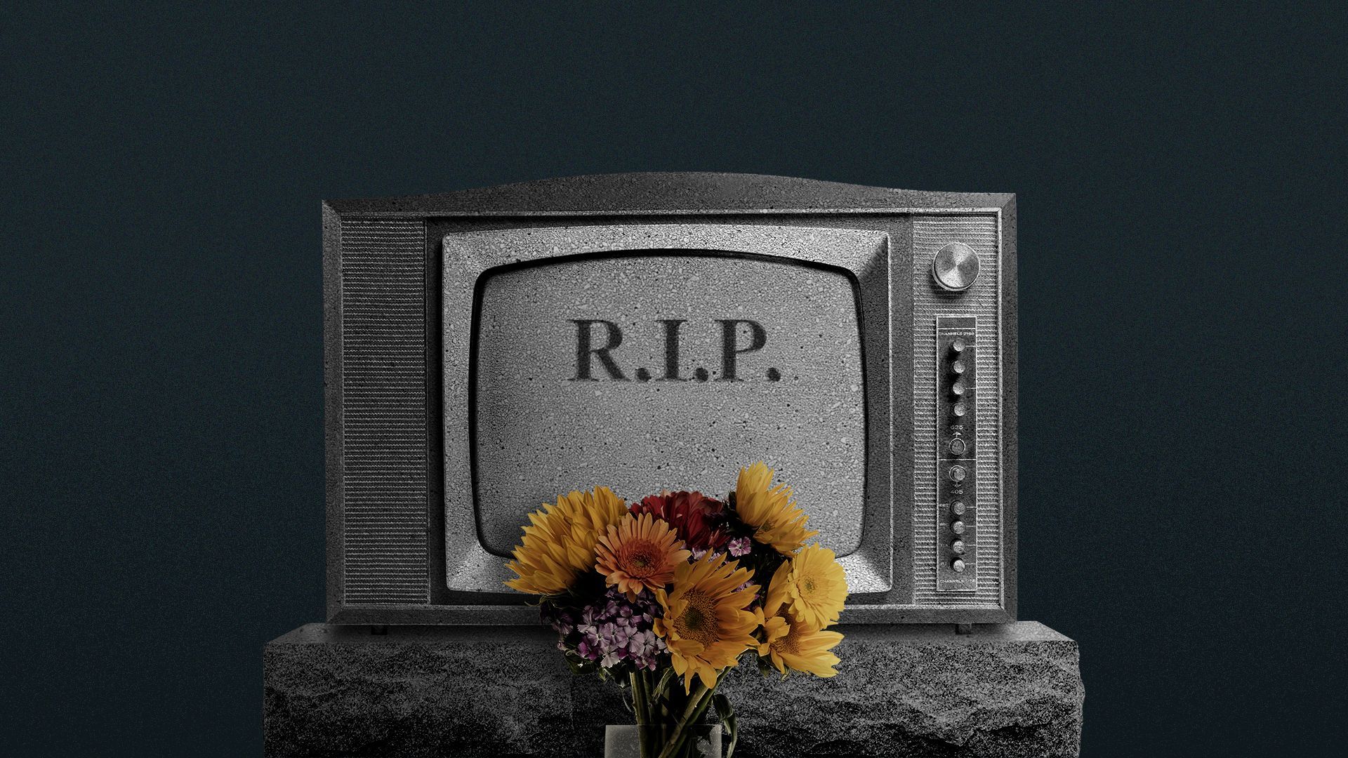 Illustration of a gravestone made out of a TV, with a bouquet of flowers sitting in front of it.
