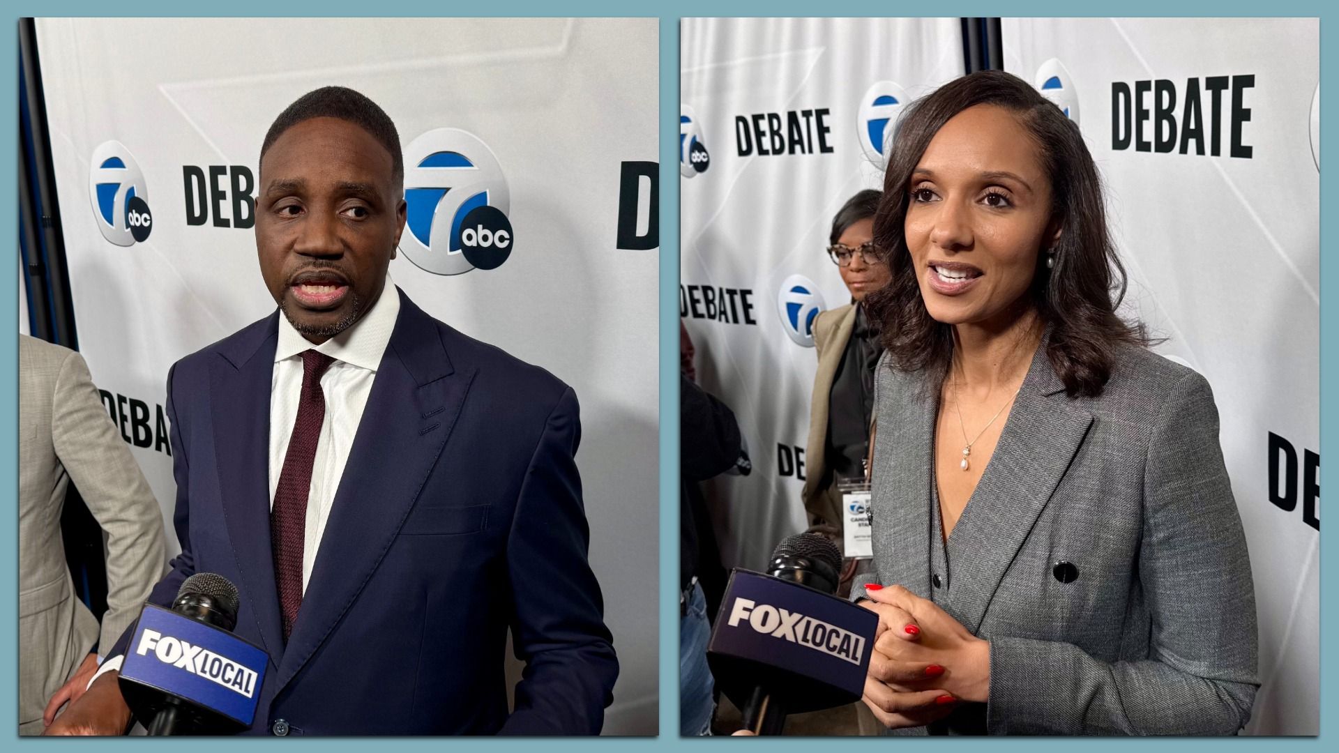 Each candidate speaks in front of a microphone wearing a suit