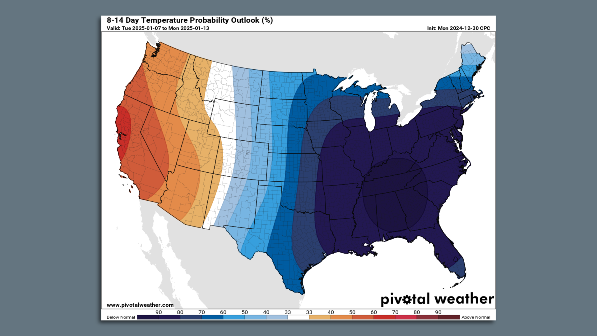 Temperature probability outlook for Jan. 7-13, 2025 across the Lower 48 states.