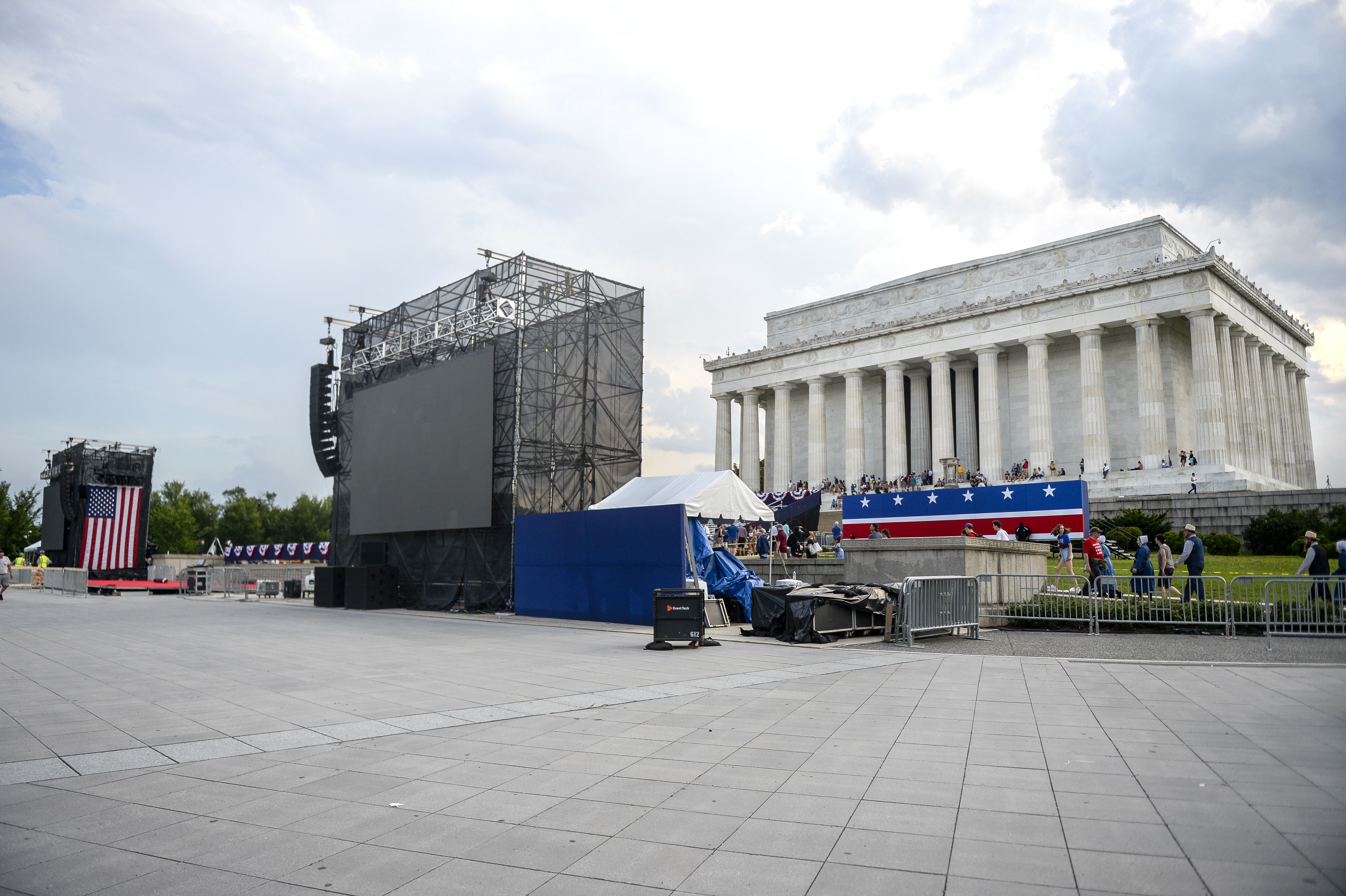 Set up continues for President Donald Trump's 'Salute to America' event honoring service branches on Independence Day at the Lincoln Memorial on Tuesday July 2.