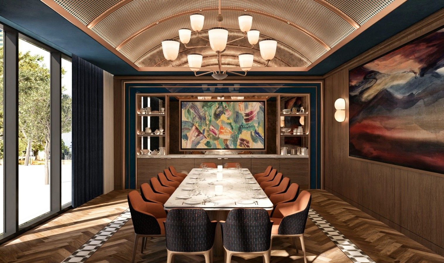 A luxurious dining room with a long white marble table, orange upholstered chairs, dark wood paneling, abstract colorful artwork, back wall glass shelves, and a curved ceiling chandelier.