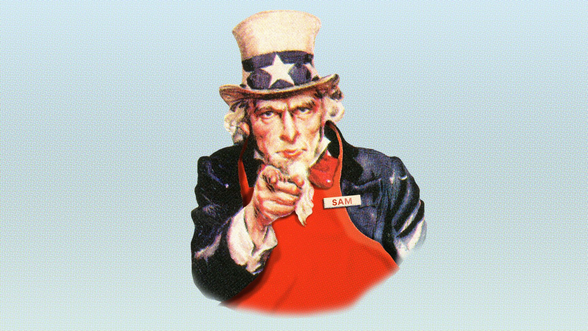 Illustration of Uncle Sam wearing an apron and name tag