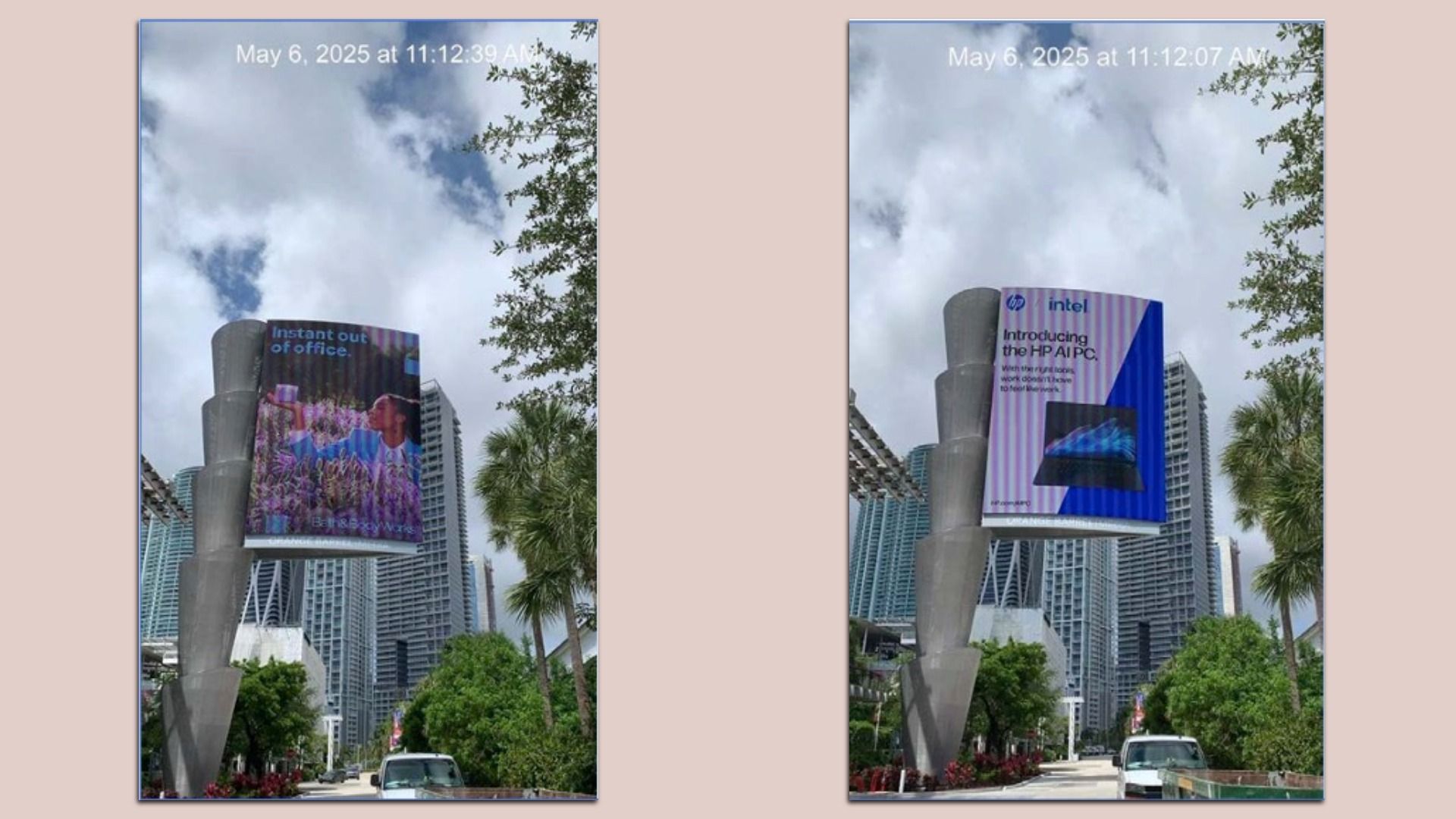 Two large digital billboards on a street with tall buildings and trees, showing ads for Bath & Body Works and HP Intel AI PC, under a partly cloudy sky on May 6, 2025.