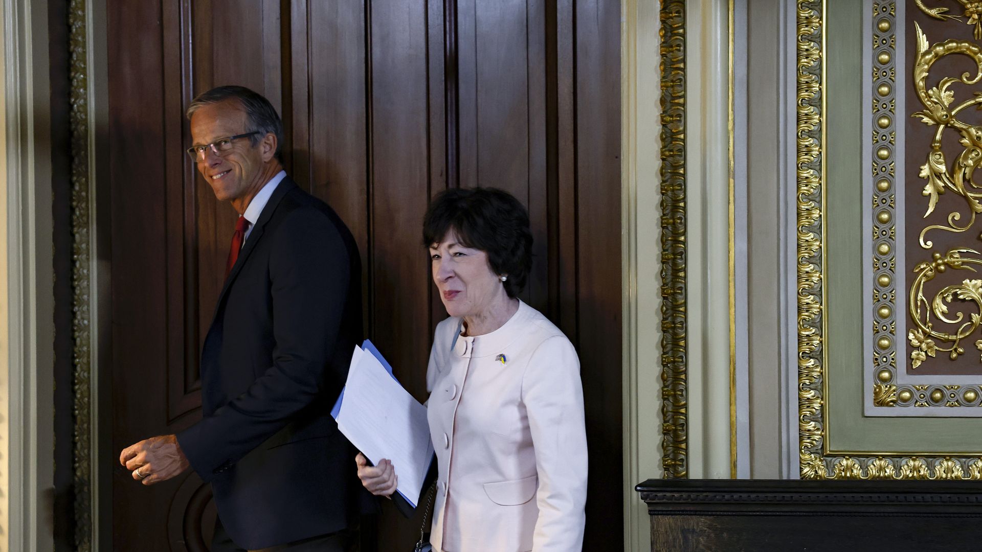 Senate Majority Leader John Thune and Sen. Susan Collins at the U.S. Capitol Building on June 1, 2023.