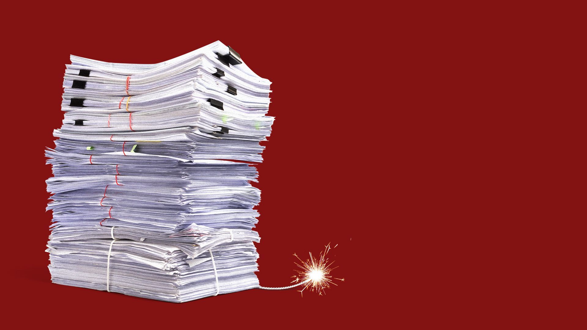 Illustration of a stack of documents with a lit fuse