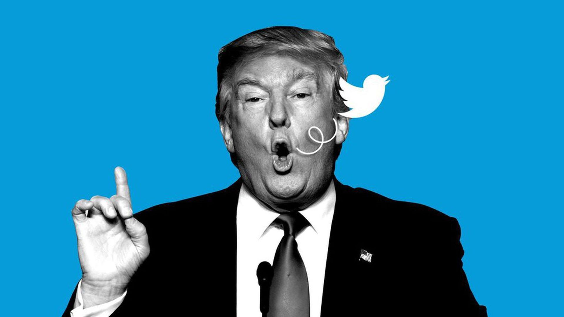 Illustration of the Twitter bird logo coming out of President Trump's mouth as he speaks