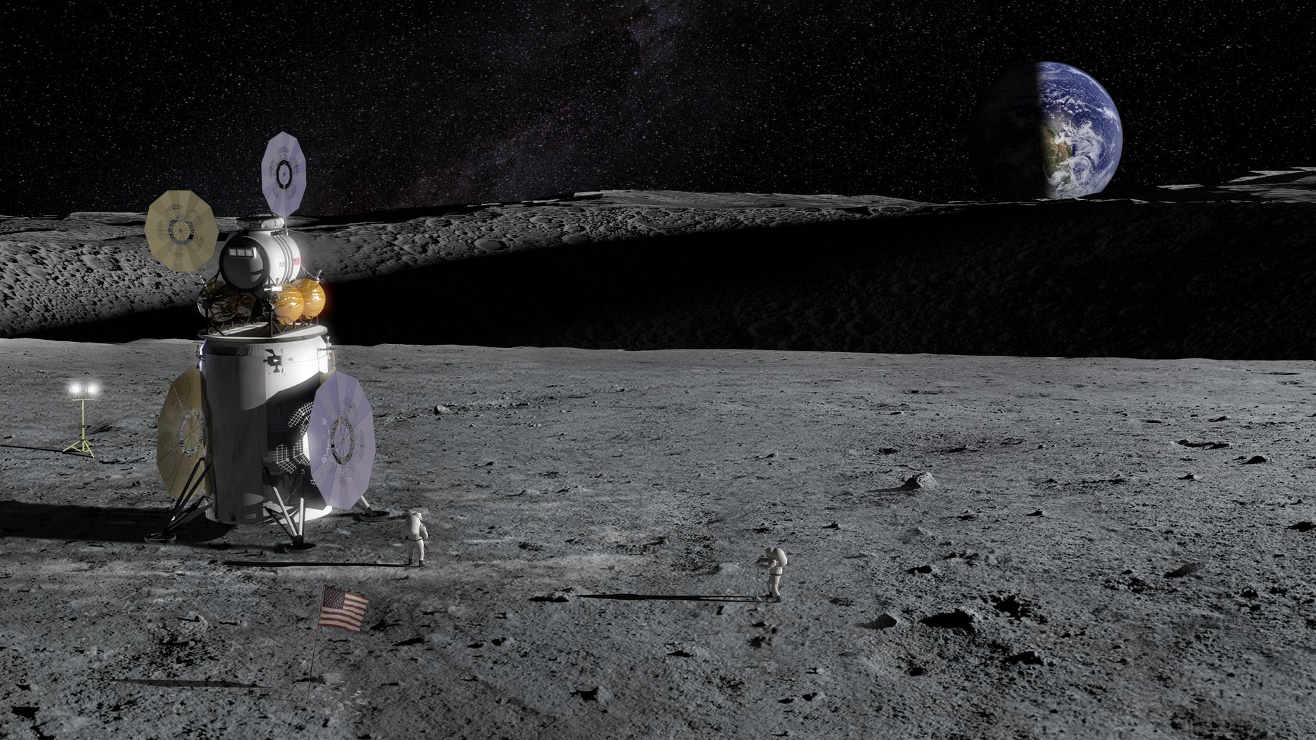 Artist's illustration of a lander on the moon with astronauts around it