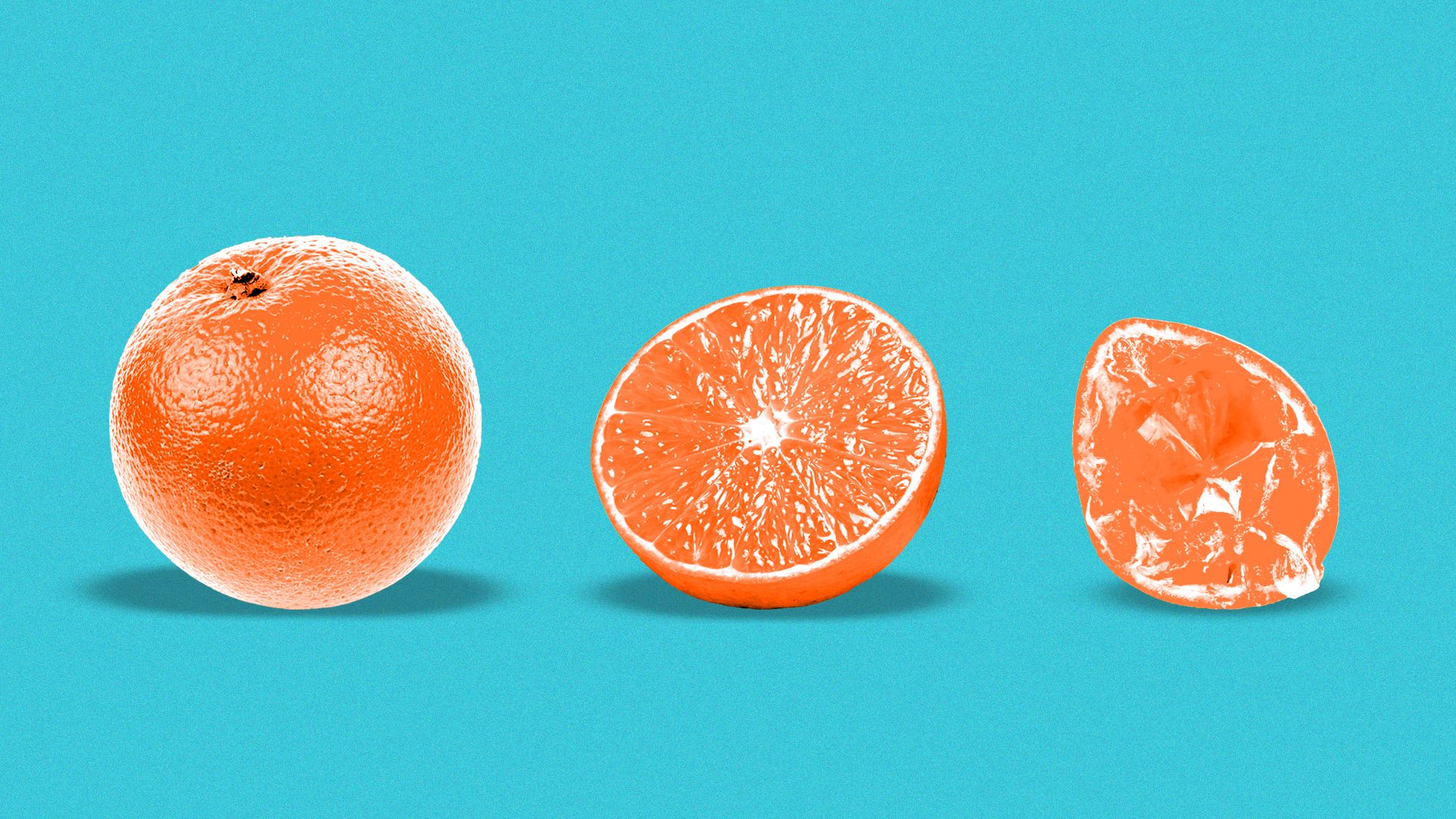 Illustration of three oranges, one full, one cut in half, and another half that has been squeezed.
