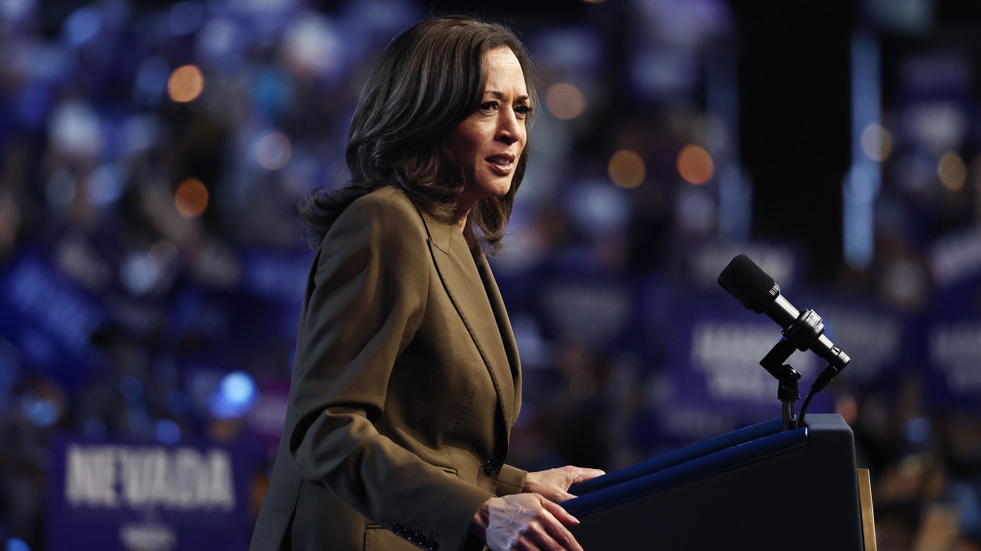 Democratic presidential nominee, Vice President Kamala Harris pauses while speaking during a campaign rally at the Expo at World Market Center on September 29, 2024 in Las Vegas, Nevada. 