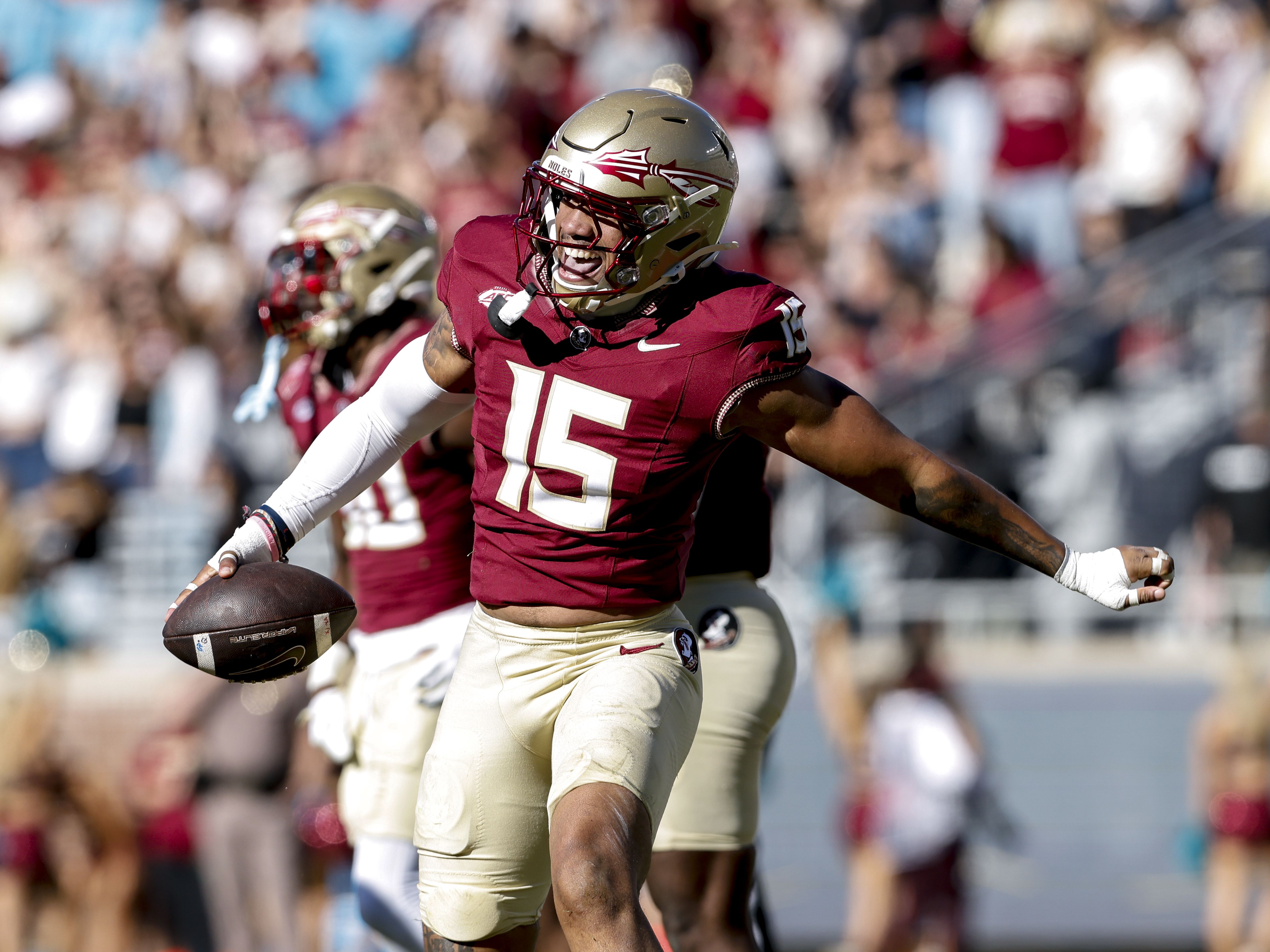 Linebacker Shawn Murphy #15 of the Florida State Seminoles celebrates after recovering a fumble during the first half of the game against Charleston Southern Buccaneers at Doak Campbell Stadium on Bobby Bowden Field on November 23, 2024 in Tallahassee, Florida. The Seminoles defeated the Buccaneers 