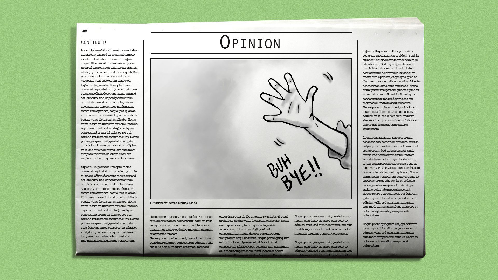 Illustration of the opinion section of a newspaper with a political cartoon waving goodbye