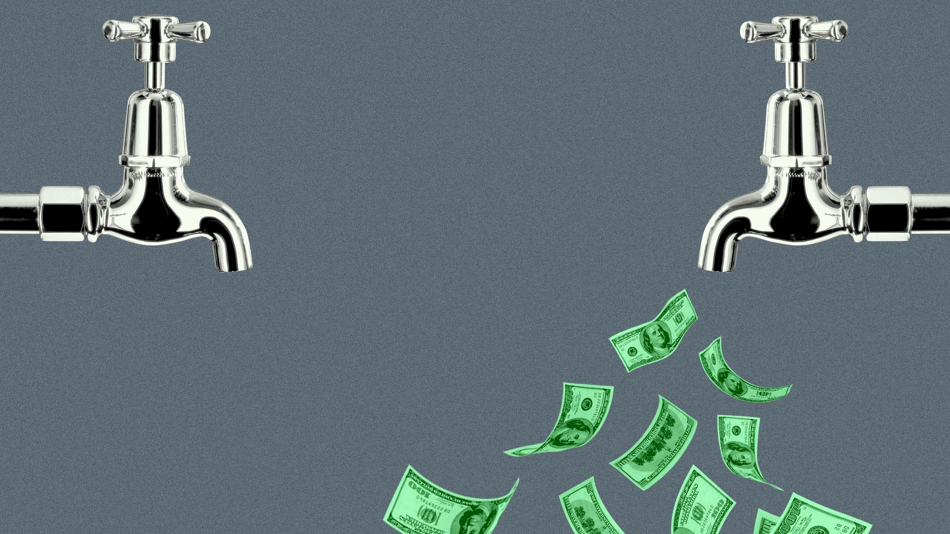 Illustration of two faucets, one dry and one with hundred dollar bills coming out of it.