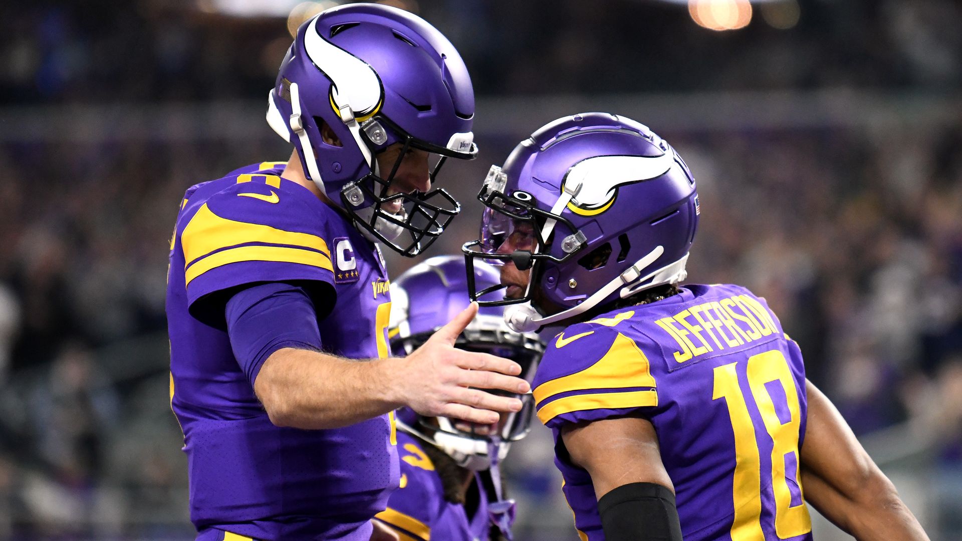 Justin Jefferson of the Minnesota Vikings reacts after scoring a touchdown with teammate Kirk Cousins in the first quarter of the game against the Pittsburgh Steelers.