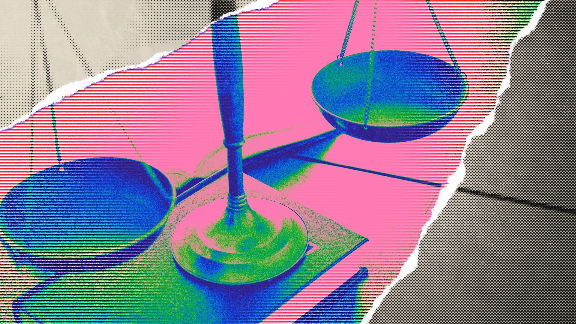 Photo illustration of a print image of the scales of justice on top of a law book with a tear in it revealing the same image rendered to look like a digital screen below the paper.
