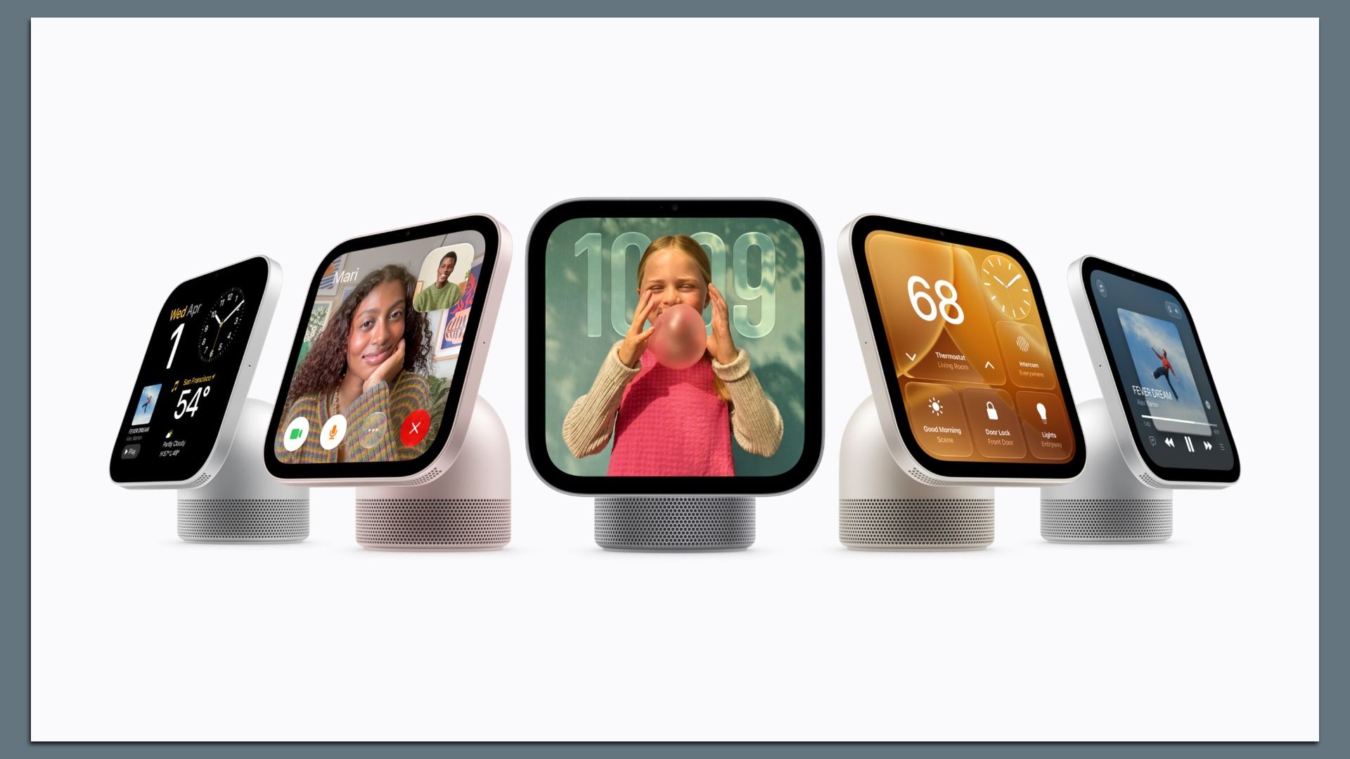 Five smart speakers with rounded-square screens arranged in a row; displays include clock, video call, a kid blowing a bubble, an orange widget showing 68, and a media screen; light gray backdrop.
