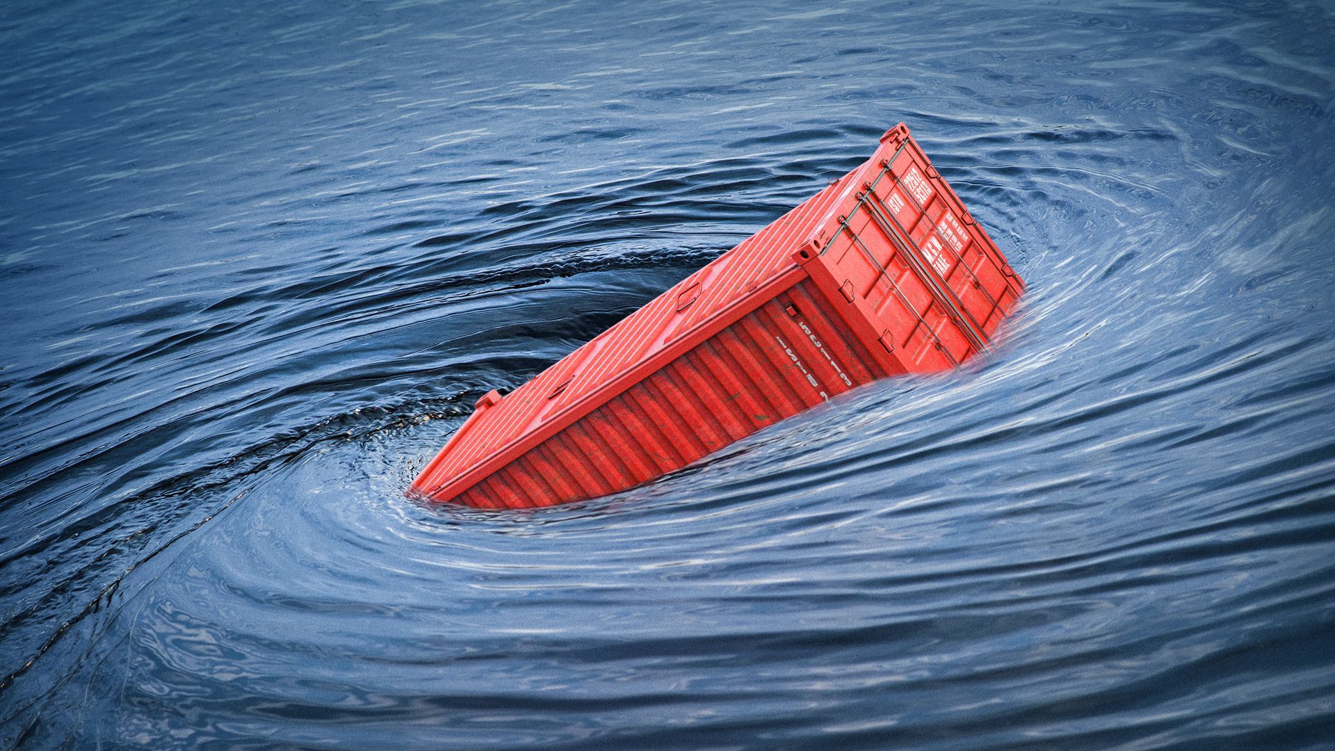 Illustration of a shipping container sinking in a whirlpool.