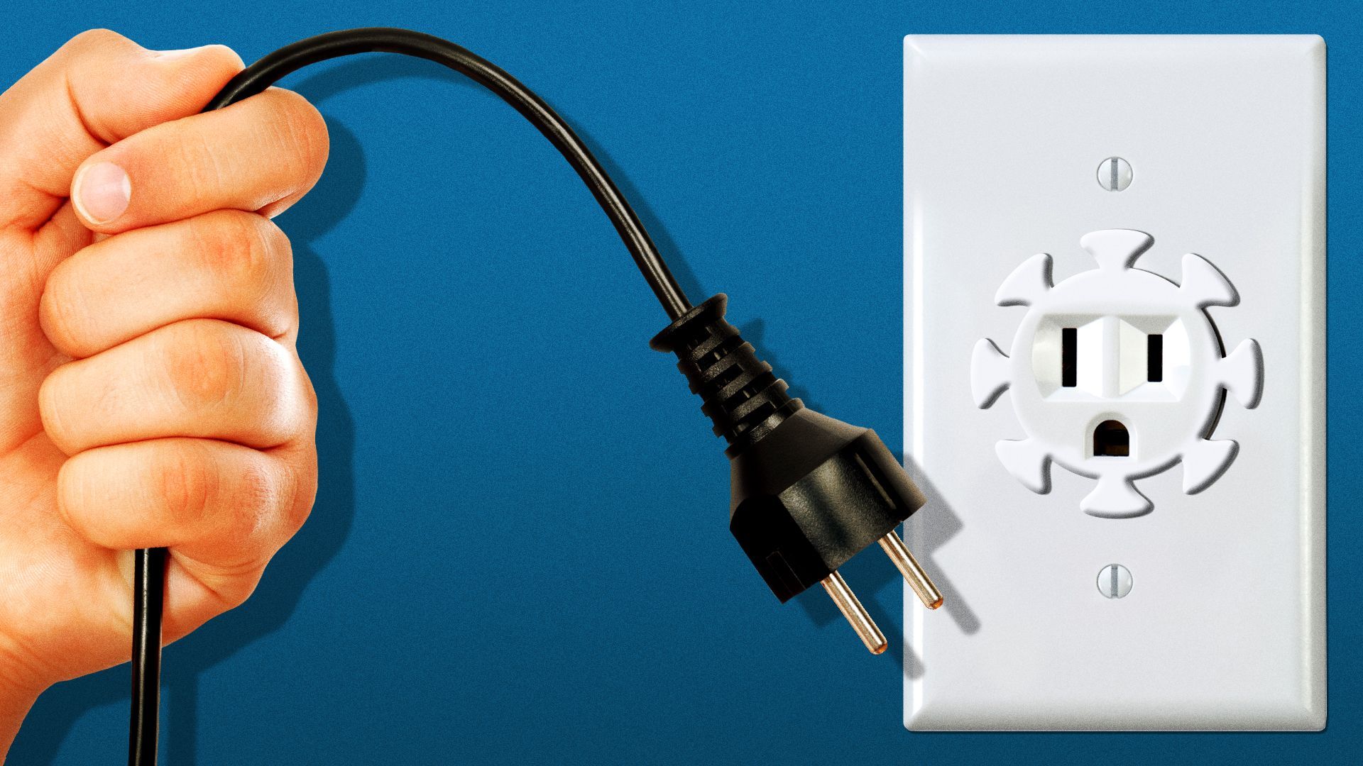 Illustration of a hand pulling a plug from an outlet shaped like COVID-19.