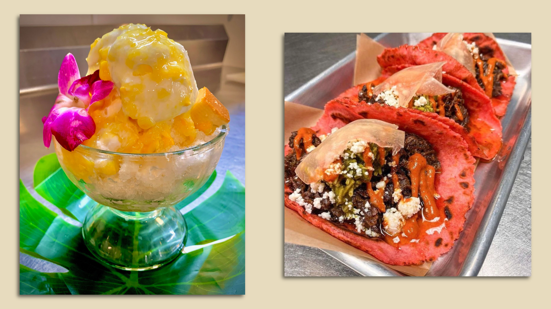 Mais con Yelo from Sari-Sari is a Filipino dessert made with layers of shaved ice, creamed corn and sweetened milk. The Big Red & Barbacoa Taco Flight from Stixs & Stone uses homemade Big Red corn tortillas and strawberry and Big Red jam.