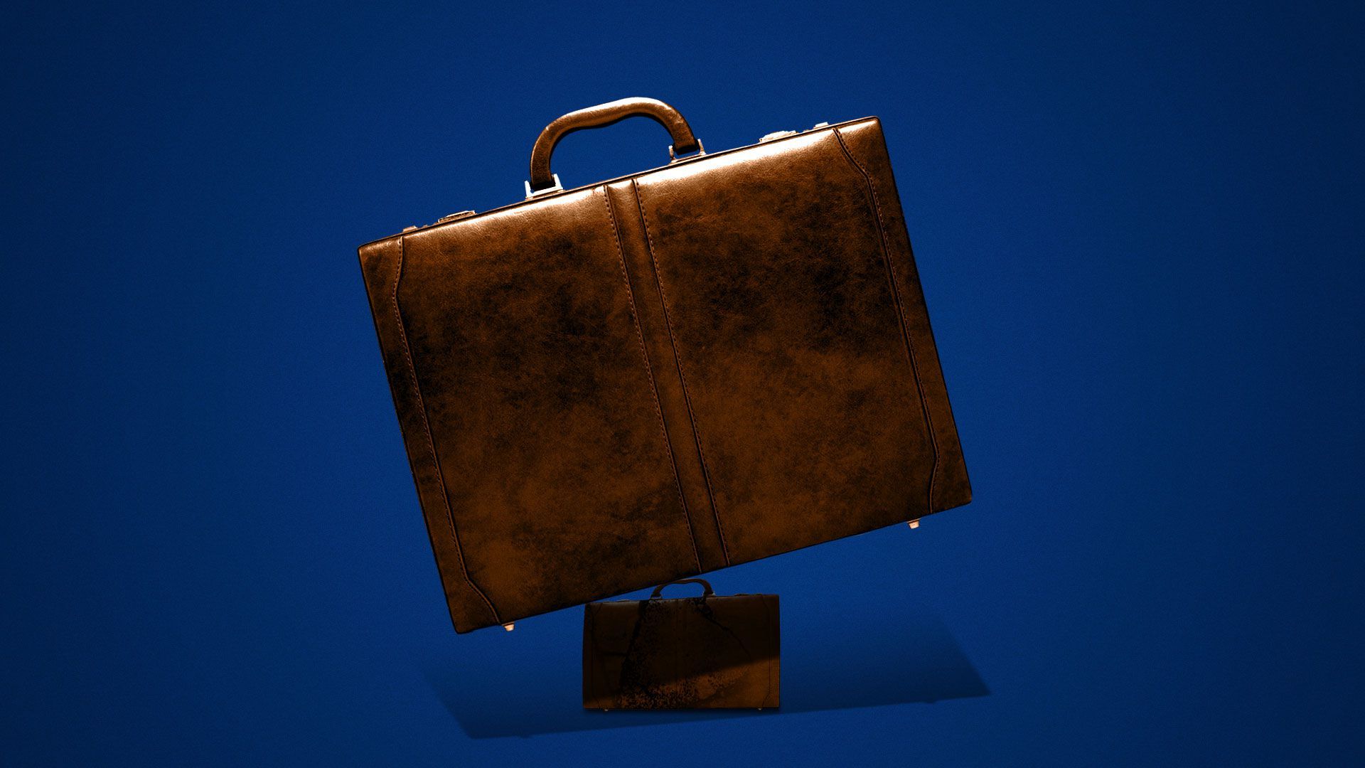 Illustration of large briefcase crushing a small briefcase.