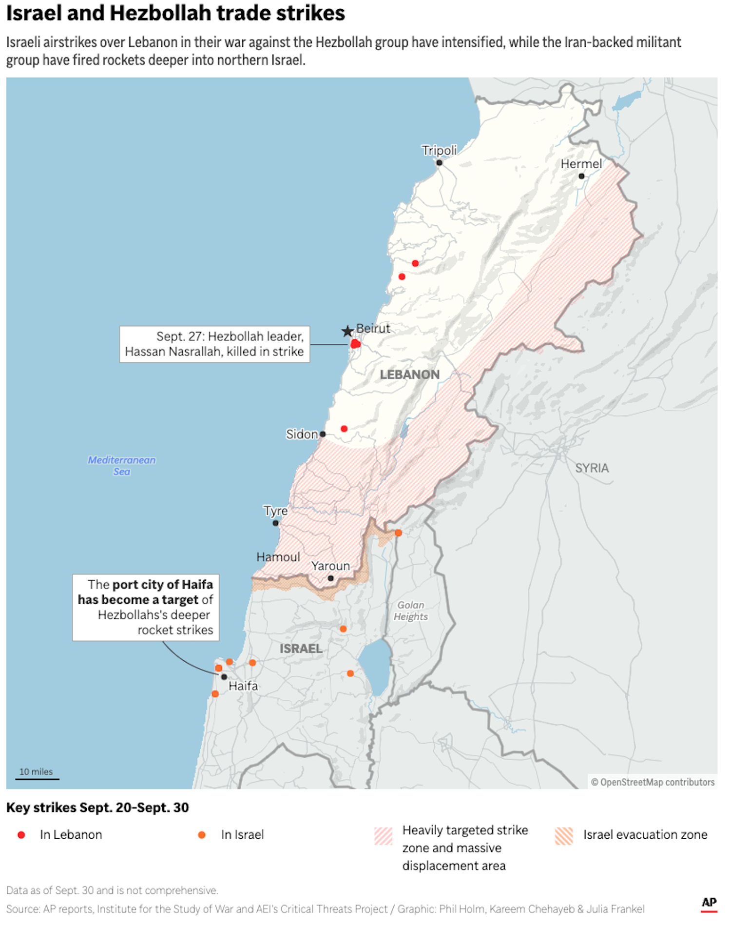 AP map of Israel and Hezbollah attacks