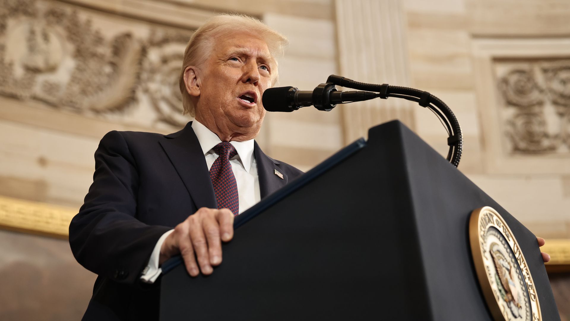 0: U.S. President Donald Trump speaks during inauguration ceremonies in the Rotunda of the U.S. Capitol on January 20, 2025 in Washington, DC. Donald Trump takes office for his second term as the 47th president of the United States. (Photo by Chip Somodevilla/Getty Images)