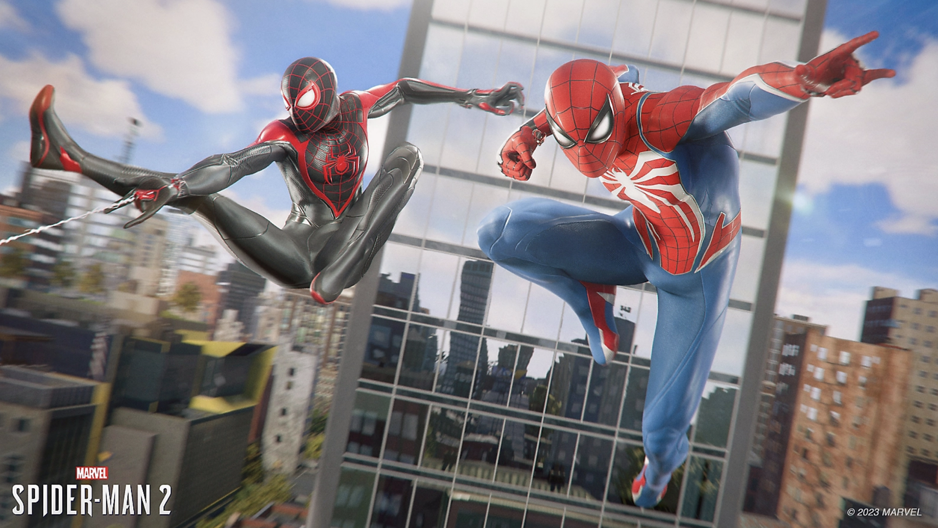 Video game screenshot of two Spider-Men swinging in front of a skyscraper