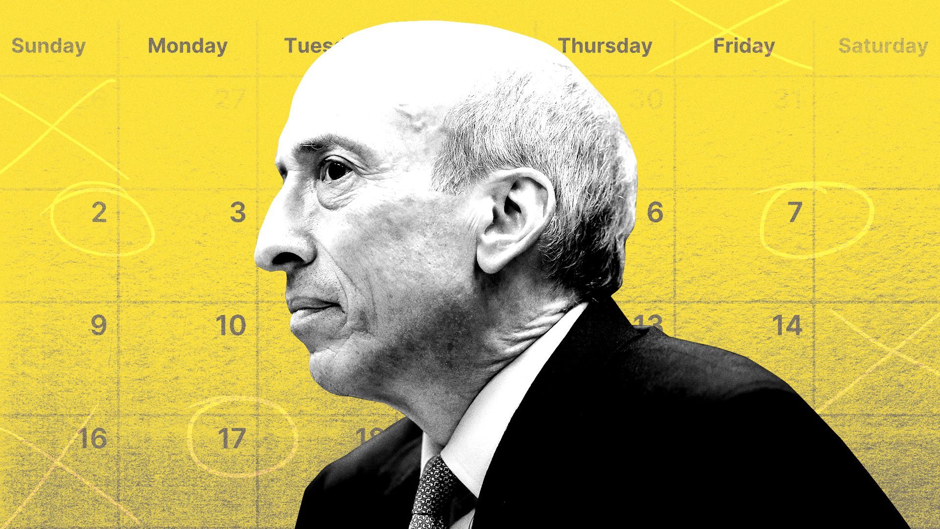 Photo illustration of Gary Gensler in front of a calendar page with drawn circles and X's.