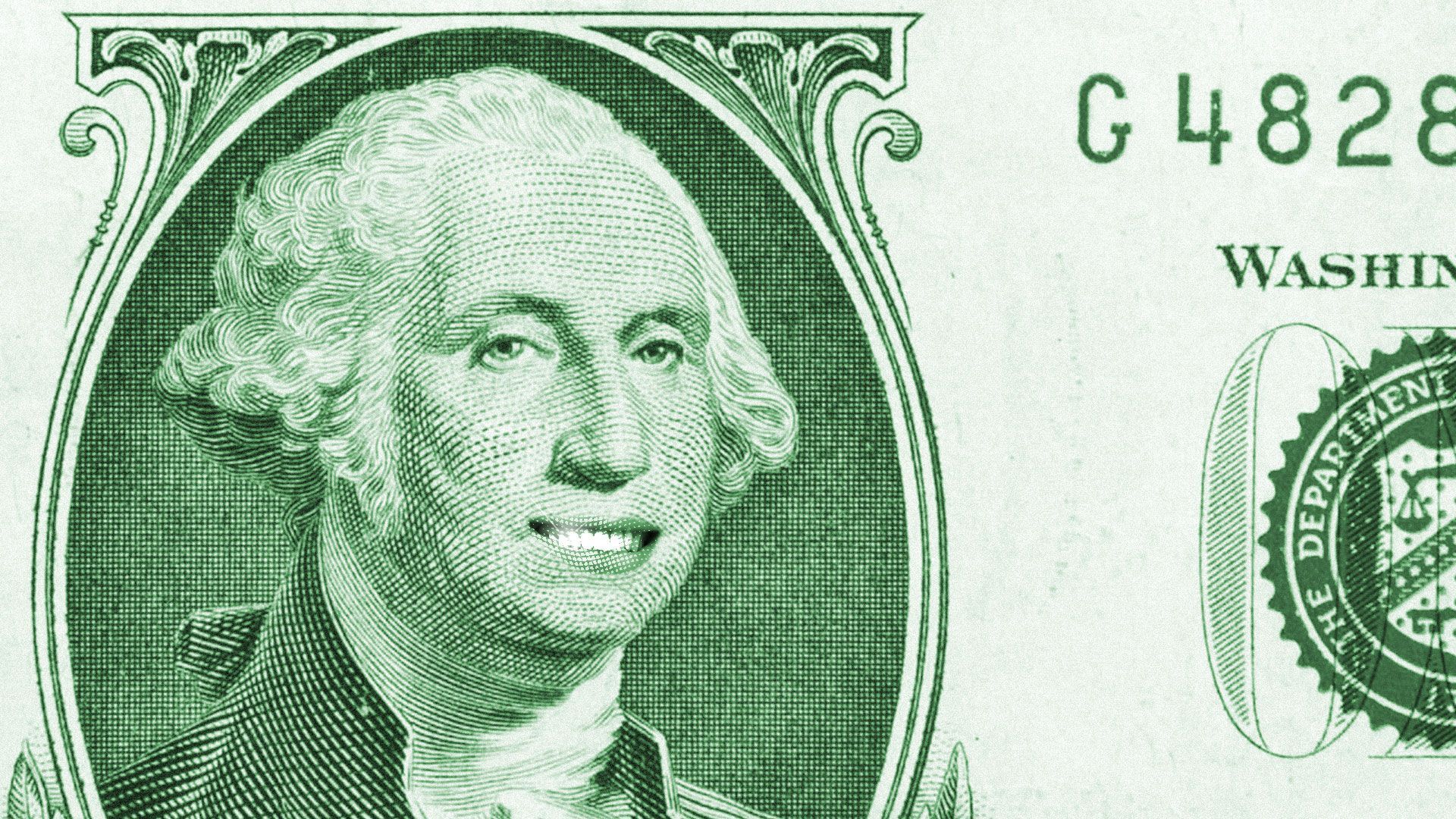 Illustration of a one dollar bill zoomed in to show George Washington smiling with a mouth full of white teeth.