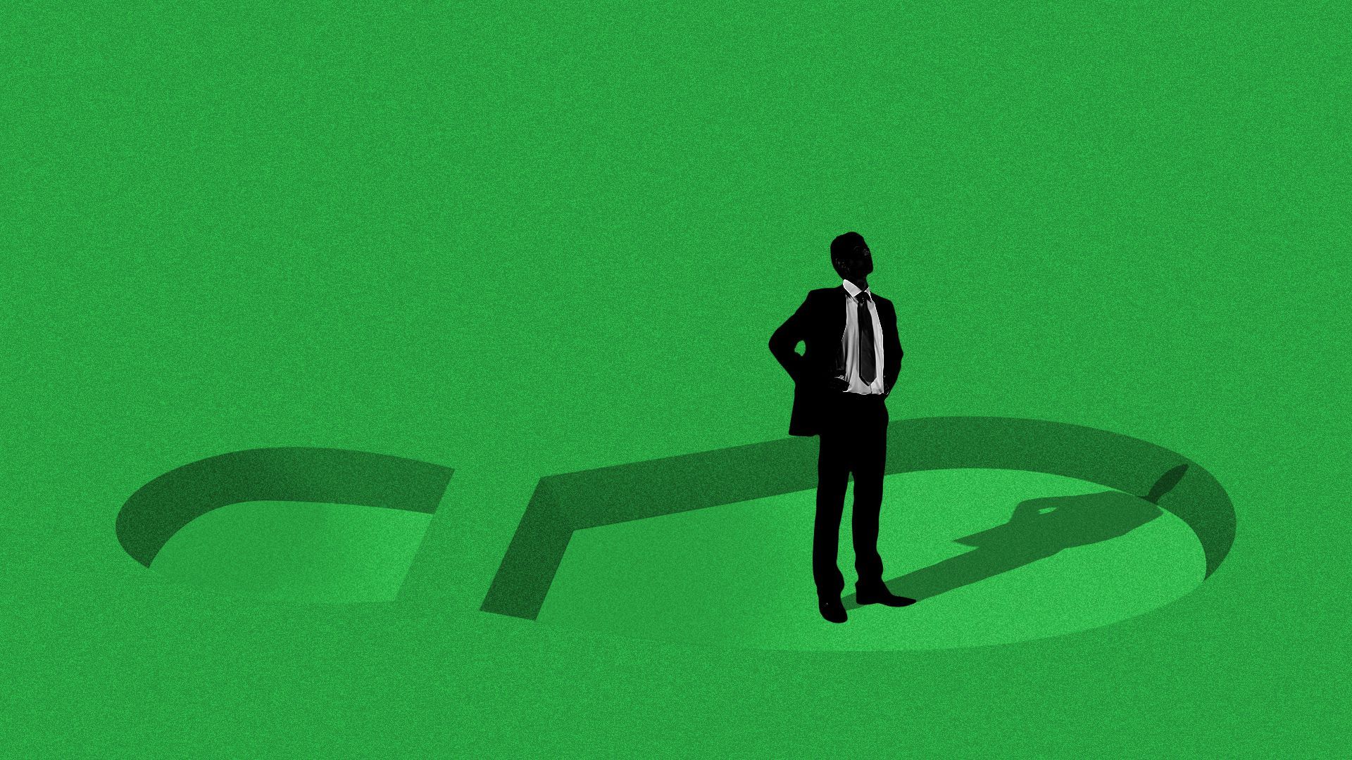 Illustration of a man standing in a giant shoe print.