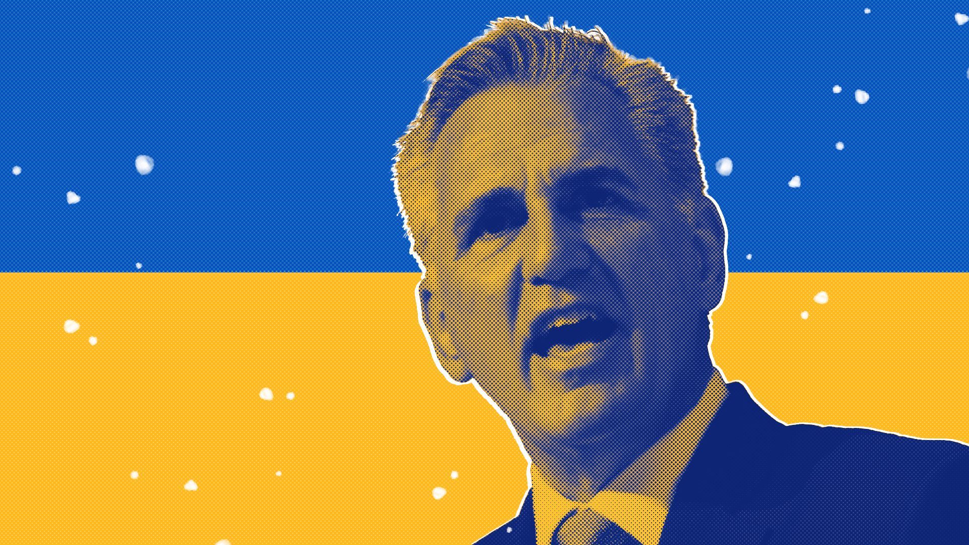 Photo illustration of Kevin McCarthy over an abstract background made from the Ukrainian flag. 